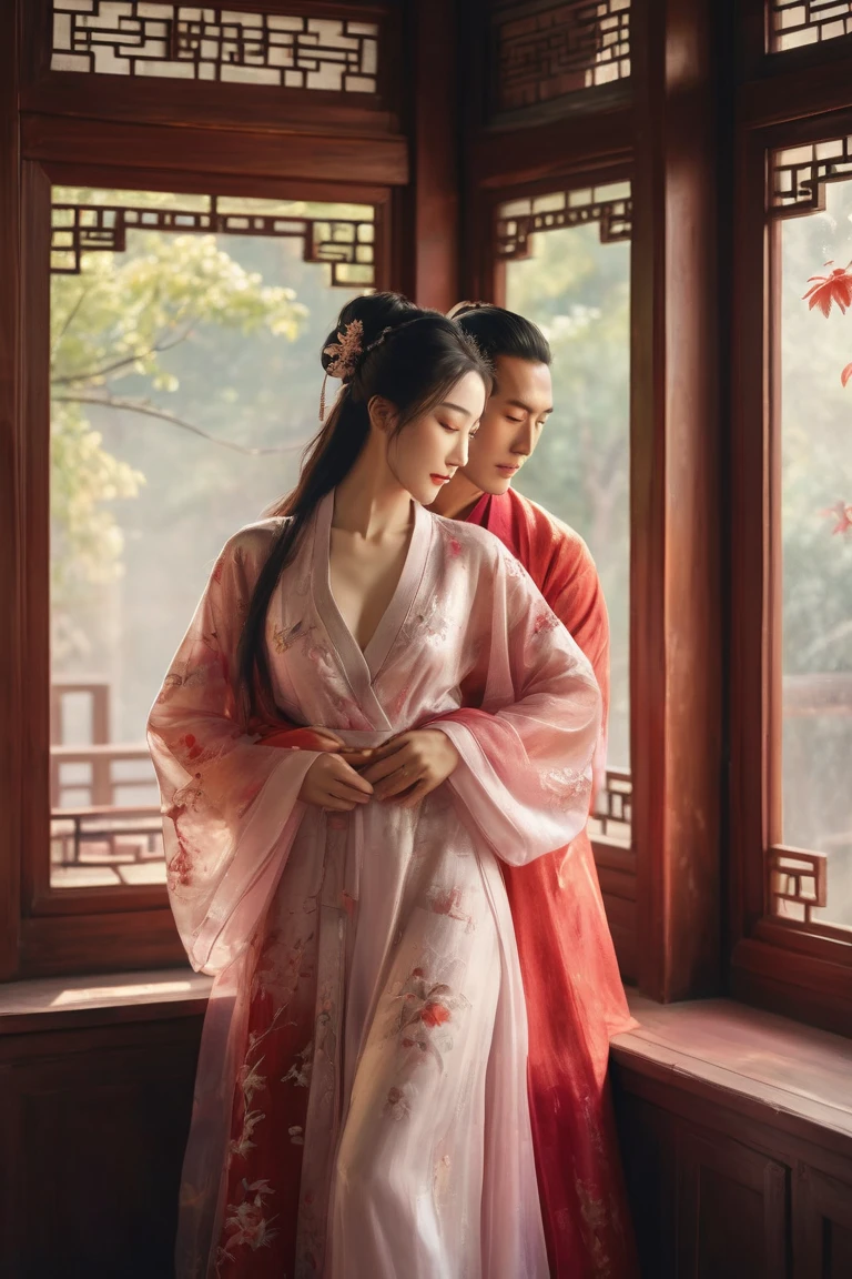 Ancient China, Tang Dynasty, a woman wearing a red dress of shiny silk, smooth and transparent, sitting in a beautifully decorated bridal chamber on a bed during a Hanfu wedding ceremony, leaning on her body to support her husband.