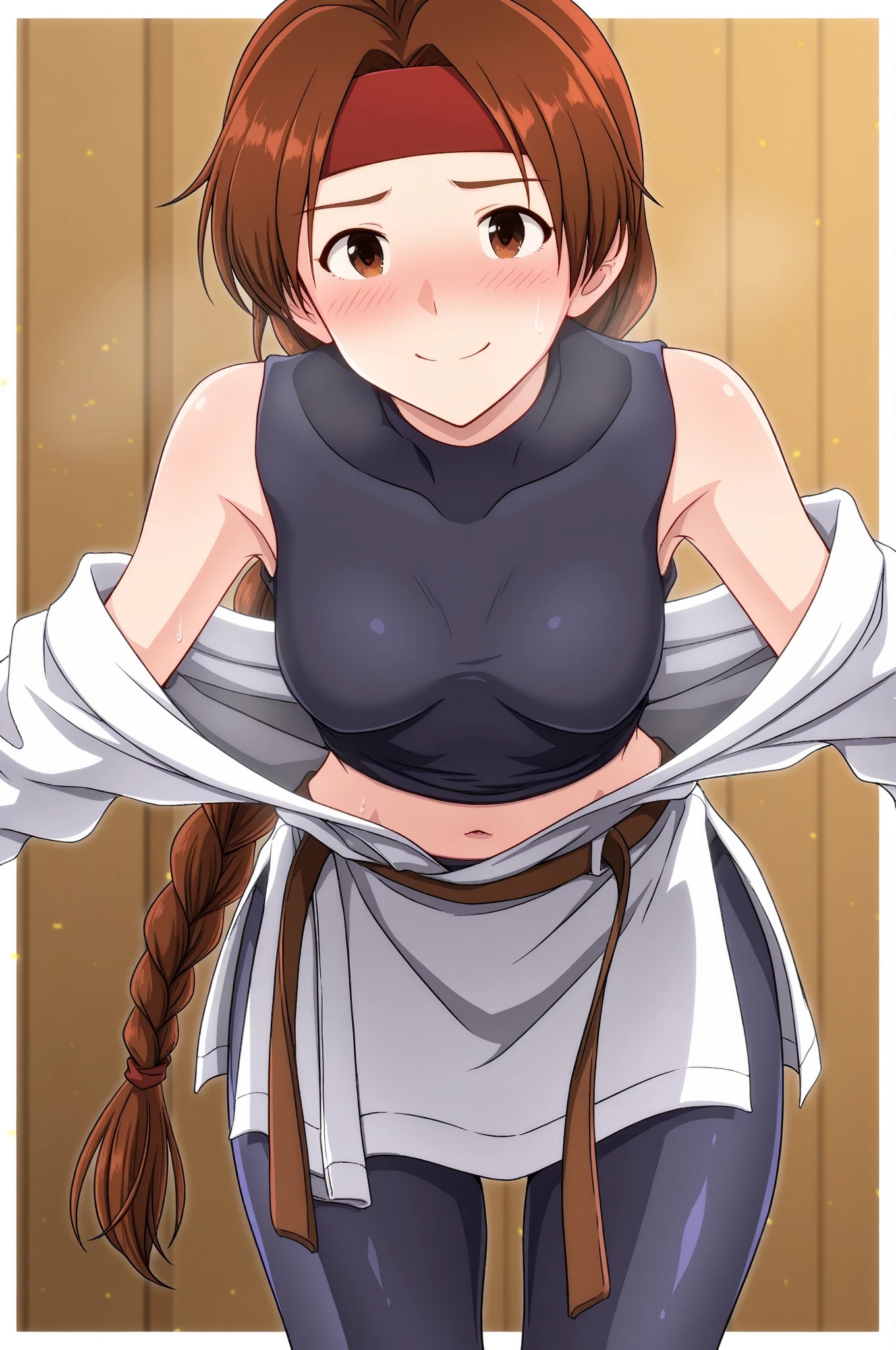 ((best quality)), ((masterpiece)), (detailed), perfect face, brown skin anime woman in a deep V Neck button-up cami top, (long skirt), (cool patterned top), famished in hunger, (gently resting hands on stomach), (long hair), (hands on her stomach), (slim and fit woman), (embarrassed expression), the woman is sitting next to smiling boy