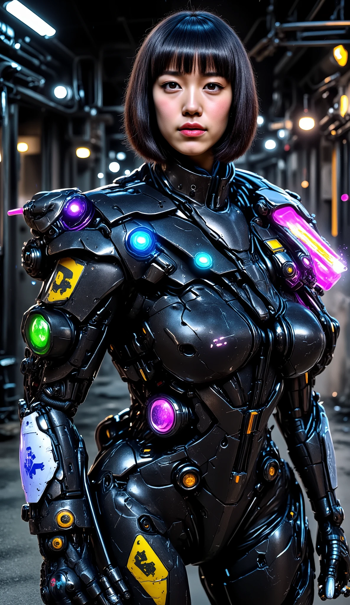 ((Cyborg female warrior wearing a black leather suit))、Bob Cut Shorthair、