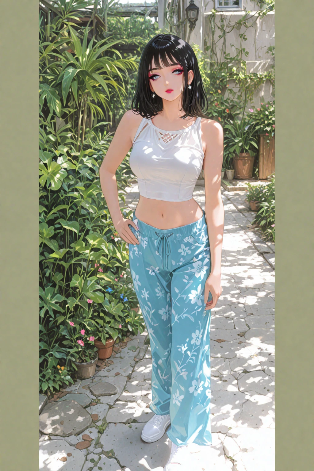 (photo of a beautiful 20 year old girl, beautiful and charming with contemporary fashion drawings as well),  
((((Full body shot:1.5)))), (full body in picture), (full body photo Close-up photo of the shin), (Indian babe), (attention standing position), (looking at viewers, front view shot, from_fronts),
best quality, movie studio lighting, illustration at Very detailed, ultra high resolution, depth of field, caustic, wide exposure, natural shading,  masterpiece, hyper realistic, hyper detailed, photorealists, 8K, HDR, High resolution, 1girl, Blurry background, (Bokeh:1.2), RAW photo, complicated details, extremely detailed, candid picture, candid shots, extreme detailed, colorful, highest detailed, (iconic picture shot, perfect brightness, perfect contrast, perfect colour), 
hair in one eye, purple eyes, Golden blonde hair, bob, side bangs, sharp eyeliner, blush eyeshadow with thick eyelashes, lip gloss  very delicate and beautiful, round chin, round earrings, sharp eyes, letter choker, diamond necklace, (symmetrical eyes), (perfectly symmetrical body),
(pretty face, iconic face), detailed face, detailed eye, detailed lips, detailed neck, ultra realistic face, ultra realistic eye, ultra realistic lips, attractive hair style, detailed hair style, (perky breasts, perfect rounded breasts, attractive breasts, perfect symmetrical breasts), (attractive body figure, perfect body figure, perfect figure, curvy_figure), flat stomach, muscular body, stomach abs, 6pack_abs on stomach, open chest, show your chest, skin_tight, (thin), smile,
((beautiful High heels, fancy high heels)), 
(beautiful girl in Indian outfits), 
(((Fancy embroidery blouse, v-neck blouse with laces), (fancy pants, beautiful pants, embroidery pants, printed pants, floral pants))),