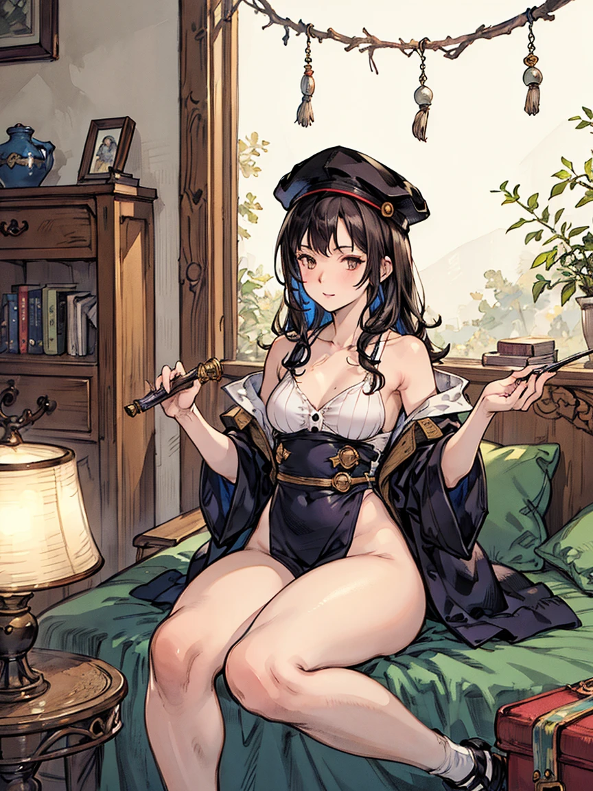 BEST QUALITY。Paintings by Akihiko Yoshida。A illustration。character designs。female。World of Swords and Magic。Mini skirt。Lying down with legs open。 --auto --s2
