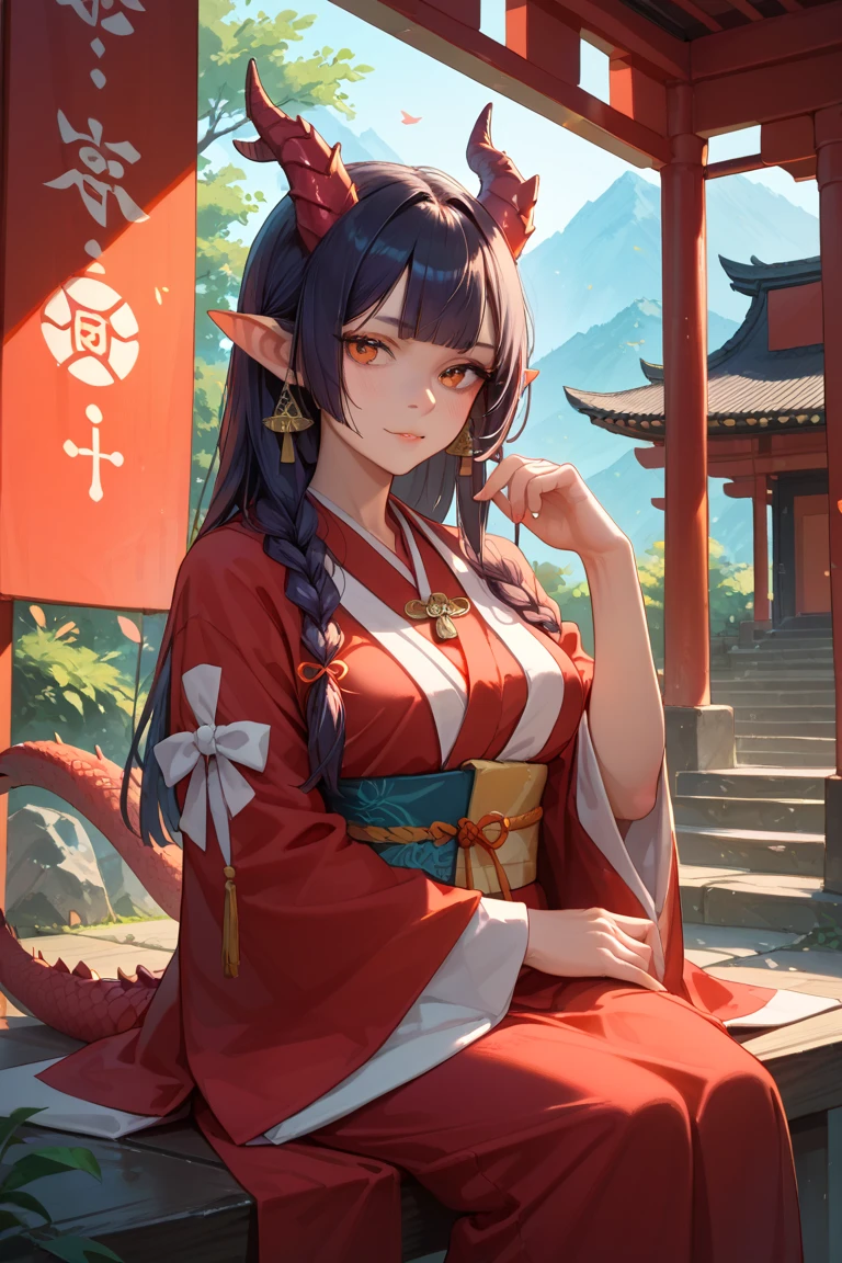 ((((((Solo)))))), ((pale girl)), horns attached to forehead, (((blue floral kimono))), ((kimono off shoulder)), long black hair, (beautiful red eyes), (sitting by water), looking up at viewer, (sunset),  (((mature woman))), (((mature))), ((large breasts)), ((((curvy)))), (((oni horns))), (detailed lighting), happy, (pouting), (elf ears), up close), (high view), hands between knees, sitting down, Japanese shrine, fall leaves 