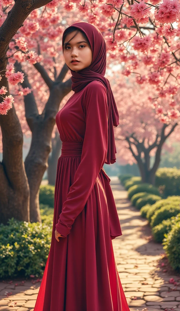 Malay girl in long hijab wear baju kurung, pastel color, kneeling in flower field, windy, blown her hijab, front view, detail skin, detail skin texture, mole below eyes, small breast, big hip, big waist, big thigh, slim abs, beautiful body, sunrise, laughing, happy, bright lighting, blur background, bokeh,