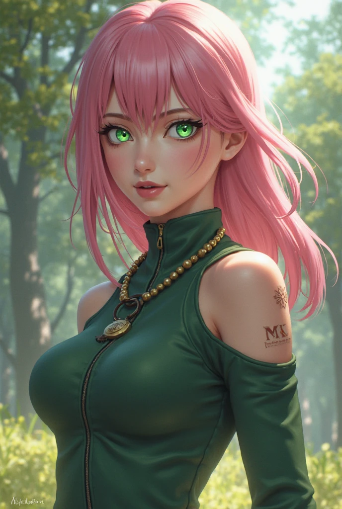 beautiful detailed eyes, beautiful detailed lips, extremely detailed eyes and face, longeyelashes, 1girl, Sakura Haruno, pink hair, long hair, green eyes, black latex uniform, cleavage, sexy, on a busy street, (best quality,4k,8k,highres,masterpiece:1.2),ultra-detailed,(realistic,photorealistic,photo-realistic:1.37), vibrant colors, natural lighting, detailed foliage, lush landscape, intricate details