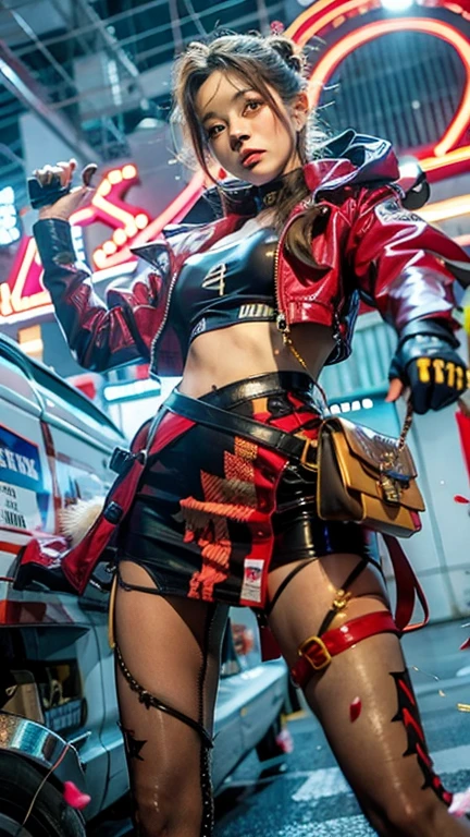 Heavy metal School Girl, post-apocalyptic city, insanely detailed real shiny skin, masterpiece body quality, red black skirt, real color, erotic and sensual, d cup, big chest, sunglasses, 8k resolution🔥, Miki Asai Macro photography, close-up, hyper detailed, trending on artstation, sharp focus, studio photo, intricate details, highly detailed, cinematic by zack snider