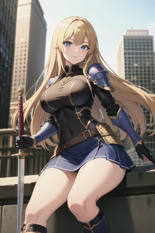 masterpiece, best quality, 1girl, alicetaria,blonde hair, long hair, ponytail, blue eyes, blue shirt, pleated skirt, solo, simple background, bikini