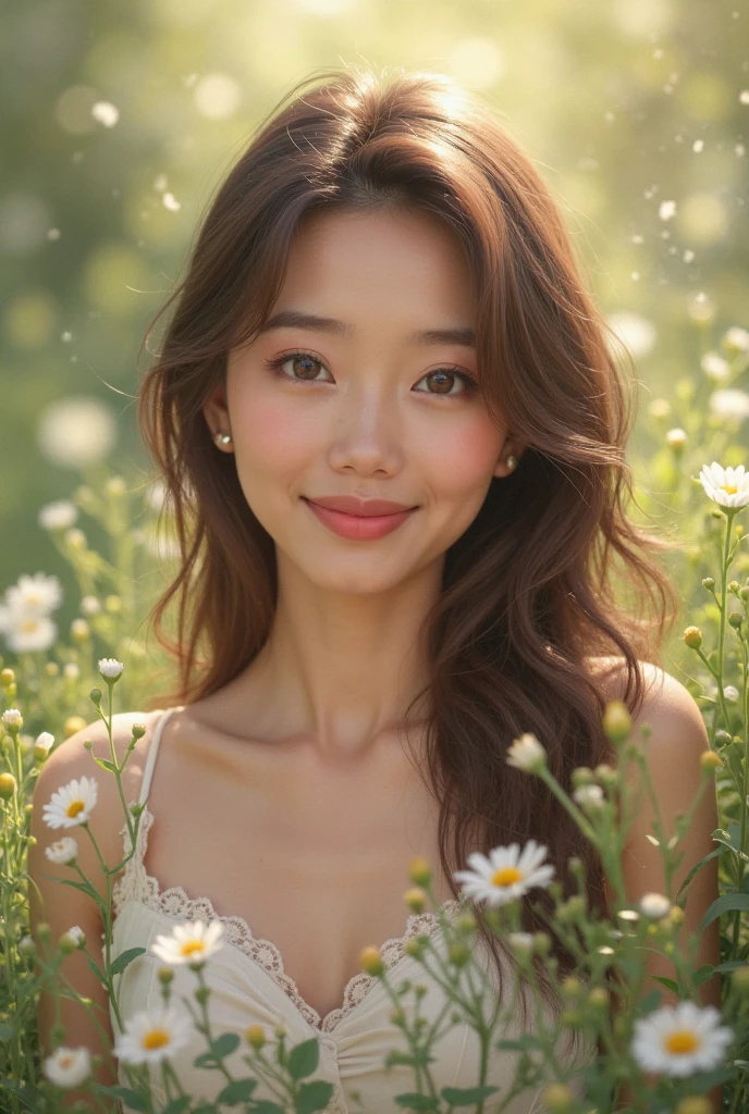 a girl, 23, lying in a field of colorful flowers, beautiful detailed eyes, beautiful detailed lips, extremely detailed face and skin, long eyelashes, serene expression, flowers surrounding her, sunlight filtering through the petals, pastoral landscape, lush greenery, (best quality, 8k, highres, masterpiece:1.2), ultra-detailed, (realistic, photorealistic, photo-realistic:1.37), soft natural lighting, warm color palette, delicate, feminine, cinematic composition