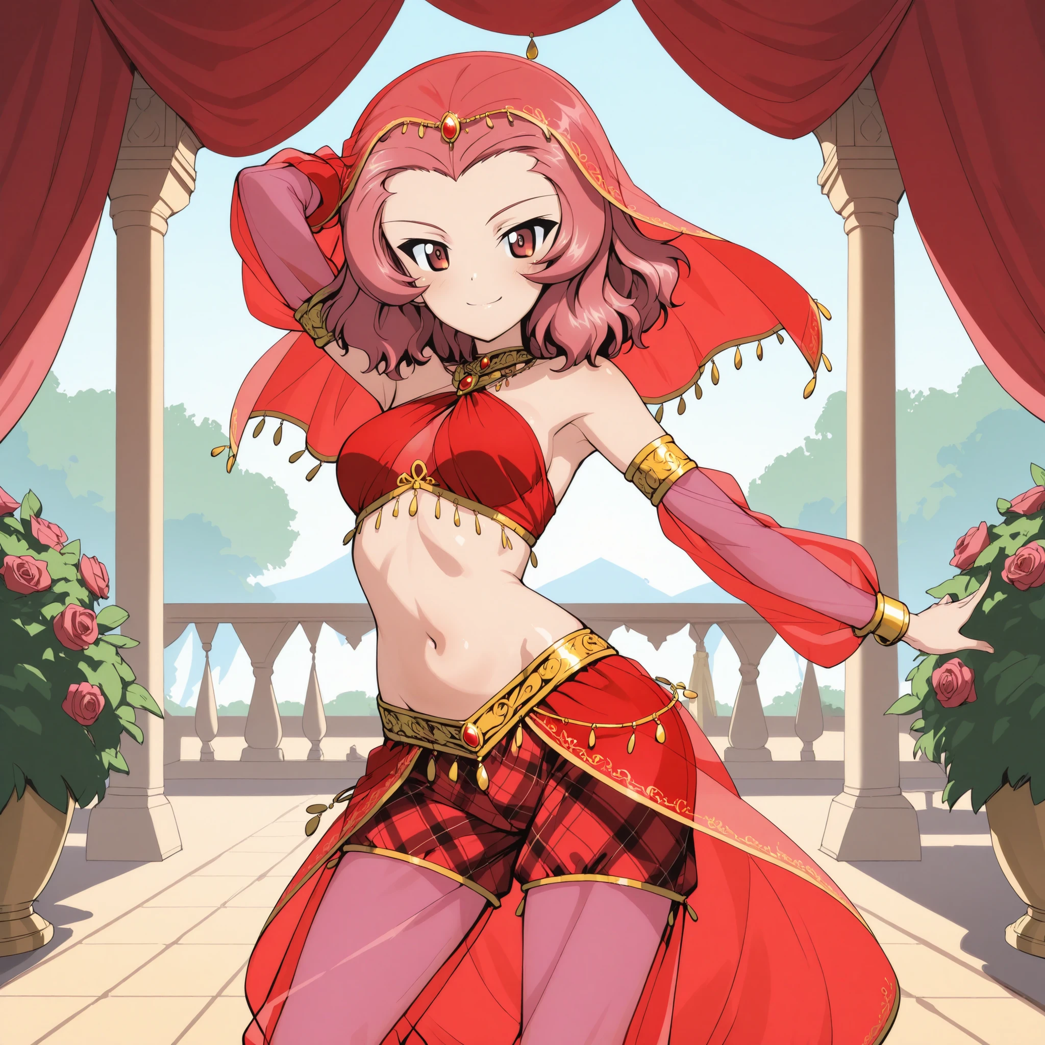 1girl:1 . 5) , (Seul:1 . 5) , score_9 , score_8_haut , score_7_haut , source_anime , Official work  , ultra-detailed , masterpiece , best quality plaid shorts , high res , beaux yeux , detailed eyes , Detailed Face , beautiful detailed eyes ,Girls Und Panzer, Rosehip, Arabian Clothes , Arabian Dancer ,belly dancer costume , veil , golden jewelery,harem outfit, harem skirt, transparent pants, belly dancing, harem veil , arabian garden , seductive smile, dancing with veil, dynamic movement, seductive pose