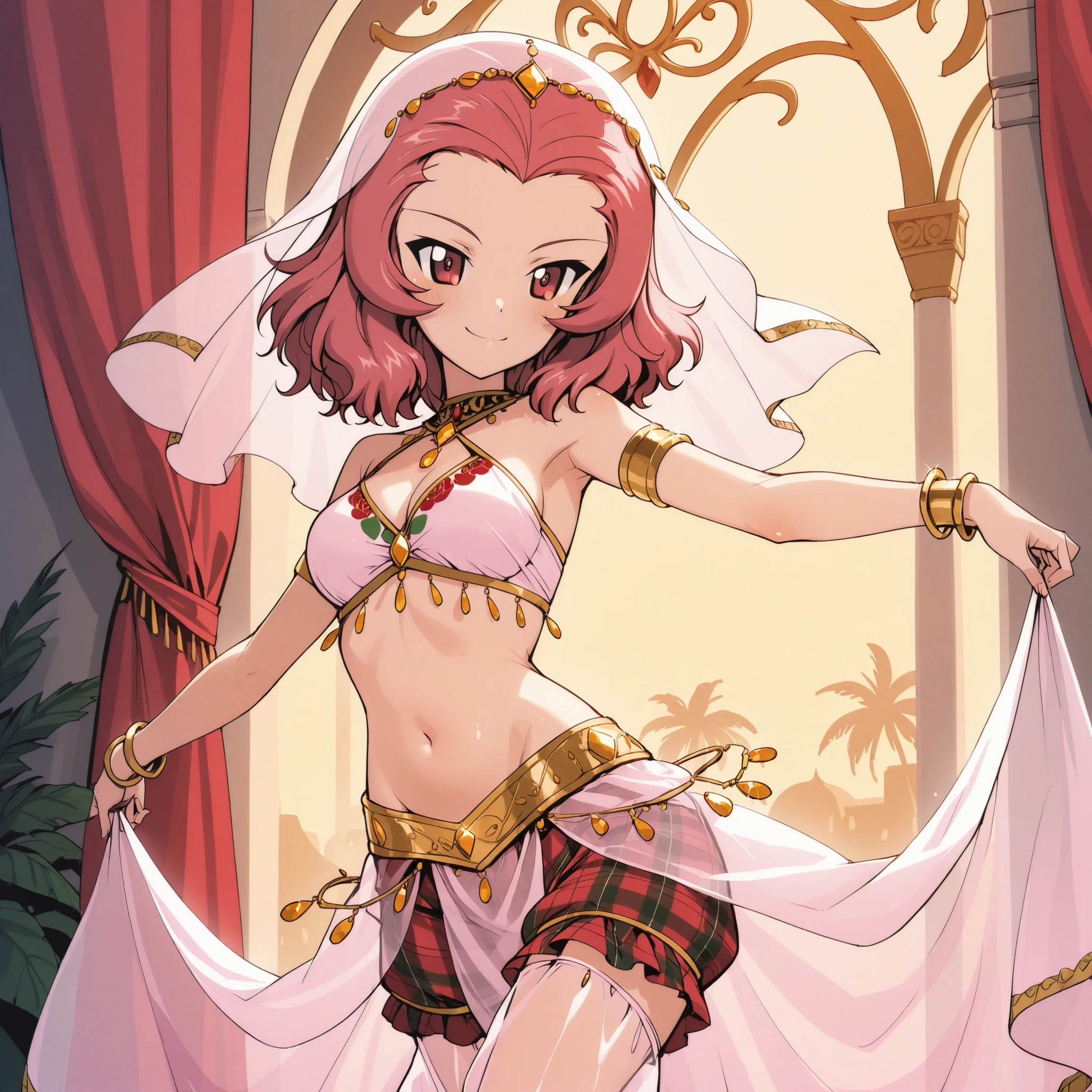 1girl:1 . 5) , (Seul:1 . 5) , score_9 , score_8_haut , score_7_haut , source_anime , Official work  , ultra-detailed , masterpiece , best quality plaid shorts , high res , beaux yeux , detailed eyes , Detailed Face , beautiful detailed eyes ,Girls Und Panzer, Rosehip, Arabian Clothes , Arabian Dancer ,belly dancer costume , veil , golden jewelery,harem outfit, harem skirt, transparent pants, belly dancing, harem veil , arabian garden , seductive smile, dancing with veil, dynamic movement, seductive pose