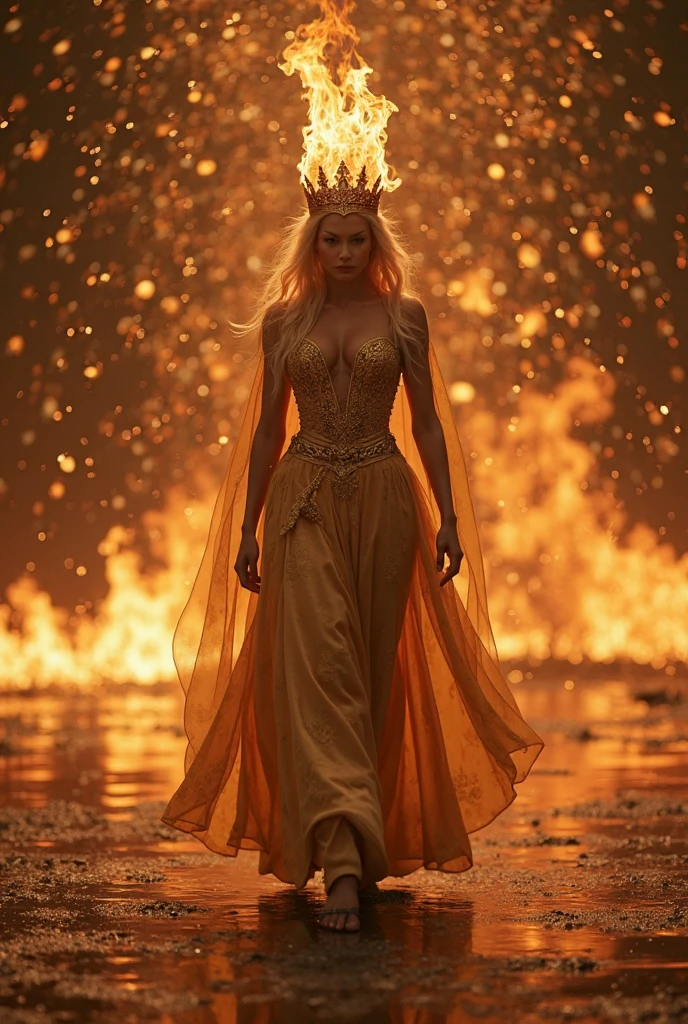 ### Scene: Create an image of two people in love in a setting of mystery and passion.
**Feminine Appearance:**
- Looks like Beyoncé
- Brown skin
- Long, golden blonde and curly hair
- Confident and seductive expression
- Wearing a red, elegant and tight dress
- Lips painted a deep and intense red
**Appearance of the man:**
- Resembles Severus Snape
- Pale skin
- Big nose
- Black eyes
- Straight black hair falling around the face in a somber manner
- Serious and intense expression
- Wearing a black cape, contrasting with the flames around him
**Atmosphere:**
- Surrounded by flames, creating a mystical and fiery environment
- Soft lighting highlighting your faces, enhancing the shine in your eyes
- Flames adding an element of intensity and mystery to the scene
- They are close to each other, looking intensely into each other's eyes, exuding a strong emotional connection
