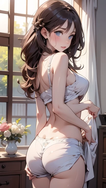 ((masterpiece)), (Highest quality), (work), Art Nouveau watercolors , Moon Goddess , Big Breasts,Nipples are prominent,Ultra-thin bra,Ultra-thin panties,String,Showing your belly button,Exposed camel toe,Big eyes, length, Thick eyelashes, Fuller lips, Dark red eyes, hair length and thick, , slender, Flower-like_background, Intricate designs and patterns in the style of Alphonse Mucha.From behind,Thong,