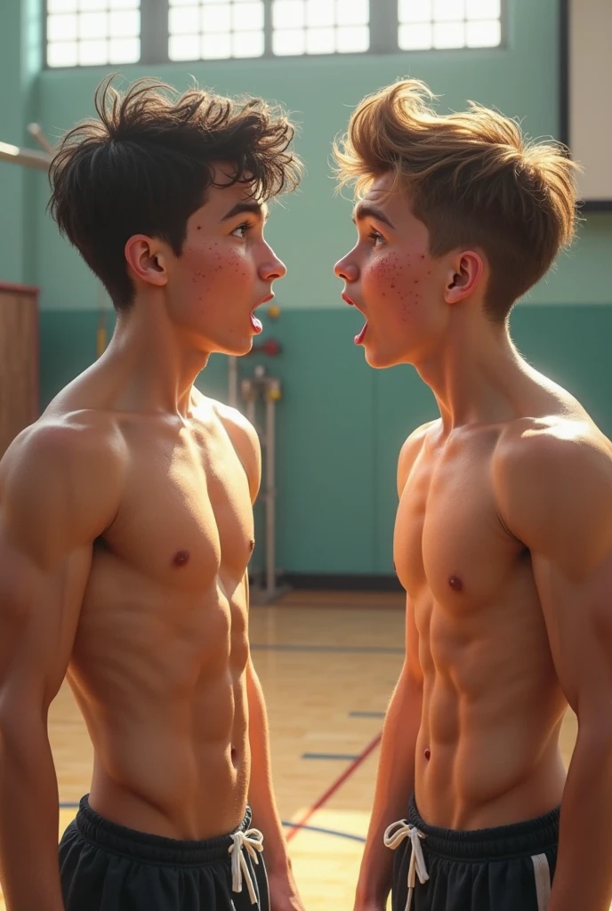 Two attractive teenagers in a school bathroom, both shirtless, One of them is on his knees in front of the other while unbuttoning the pants of the one in front of him.