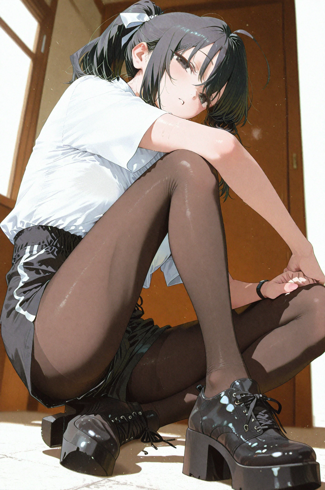masterpiece, Very detailed, best quality, Ultra-high resolution, 1 Girl, Solitary, (completion), (small breast), breast, (Oversized shirts,White shirt,Black half-rimmed glasses ), (Hyuga Hanabi:1), (shorts | Pants | mini skirt), cleveage, From the front,((Classroom,Sitting at the table,)
