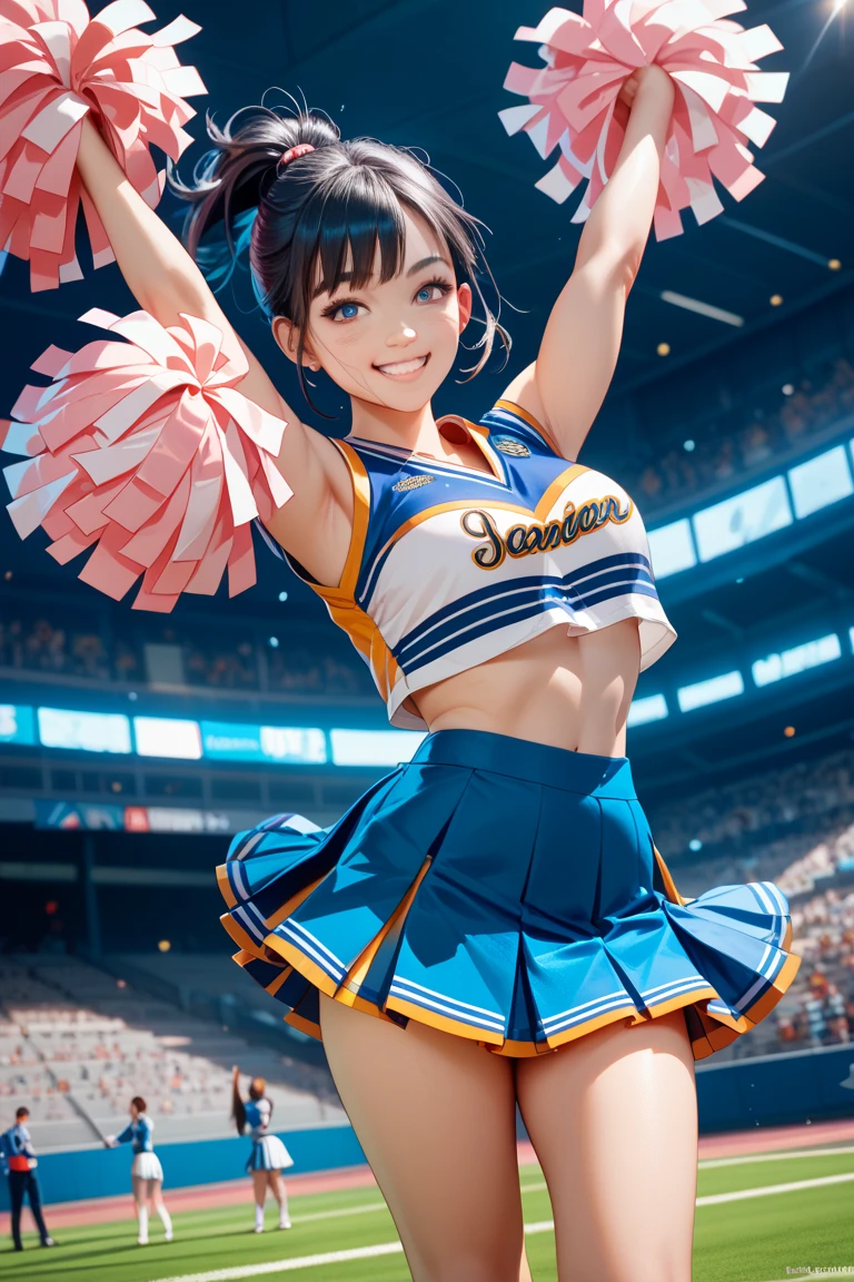 Really cute and beautiful cheerleader girl,(very detailed 아름다운 얼굴과 눈:1.2),(holding a pom pom:1.2),(laugh),
(stadium stand),cowboy shot,dynamic pose,zettai ryouiki,(orange sleeveless shirt),beautiful bridge,white thong,dynamic angle,
(best quality,table top:1.2),intricate details,very detailed,very detailed,highest resolution,looking at viewer,
natural light,Hair blowing in the wind,beautiful detailed sky, Silver-haired,  ponytail