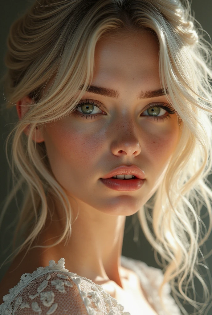 pretty girl, blonde with big green eyes, big breasts, small face with resemblance to billie eilish, so beautiful it seems unreal