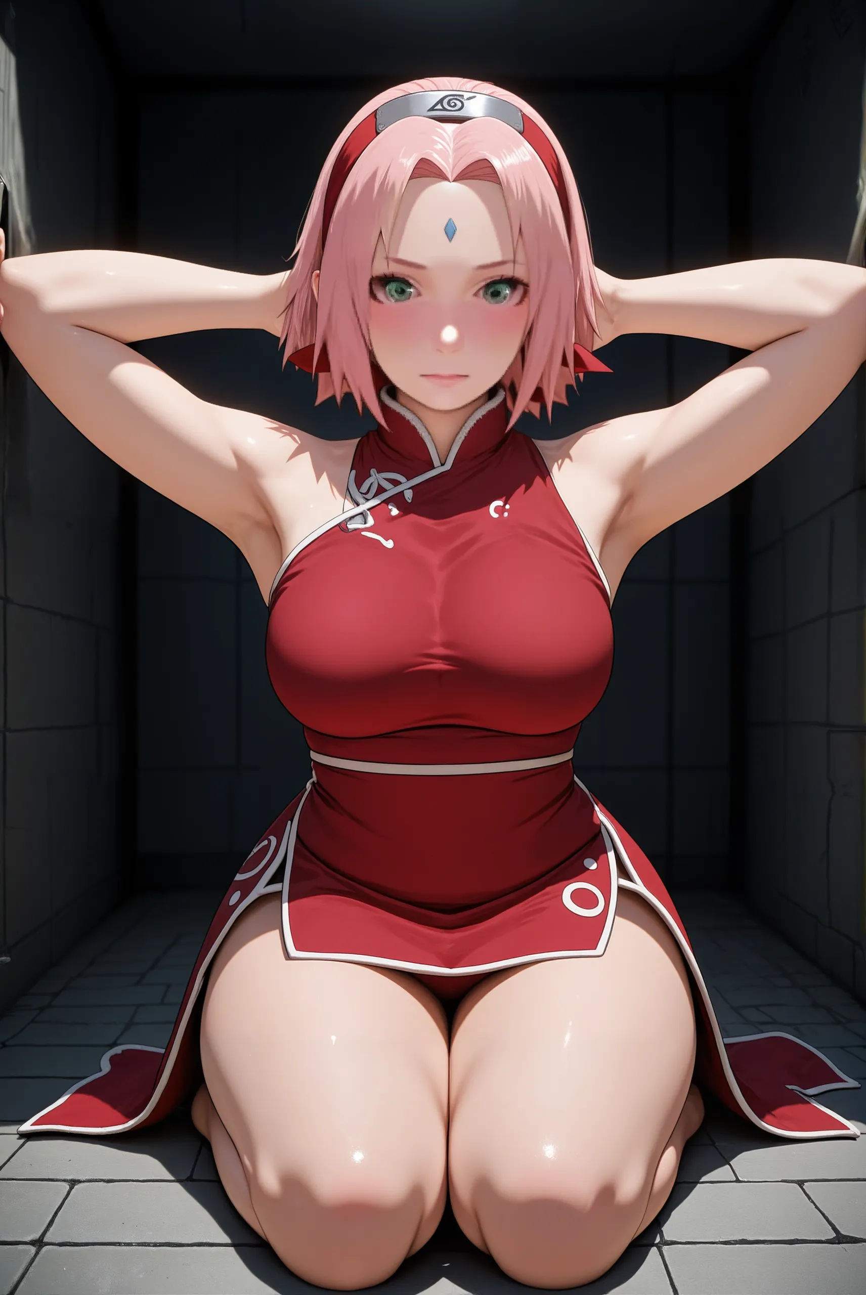 (Sakura Haruno:1.1),Naruto,(Mature Woman:1.5),(Aunt:1.5),(absurderes, 8K, 4K, masutepiece, hyper extreme detailed:1.2), Best Quality, (arm behind head:1.5), Perfect Anatomy,Perfect face,Facing forward,High humidity,(solo:1.2),(Sweaty:1.3),Short hair,pink hair,green eyes,Bedroom,(Masturbation:1.4),Crouching,spread legs,cum in pussy,shortness of breath,High humidity,Steamy,blush,Embarrassing,Eyes closed,Screaming, (((hairy vagina))), (((crying, tears, drooling, drools, saliva))), (nipples), (((very sweaty armpi)))