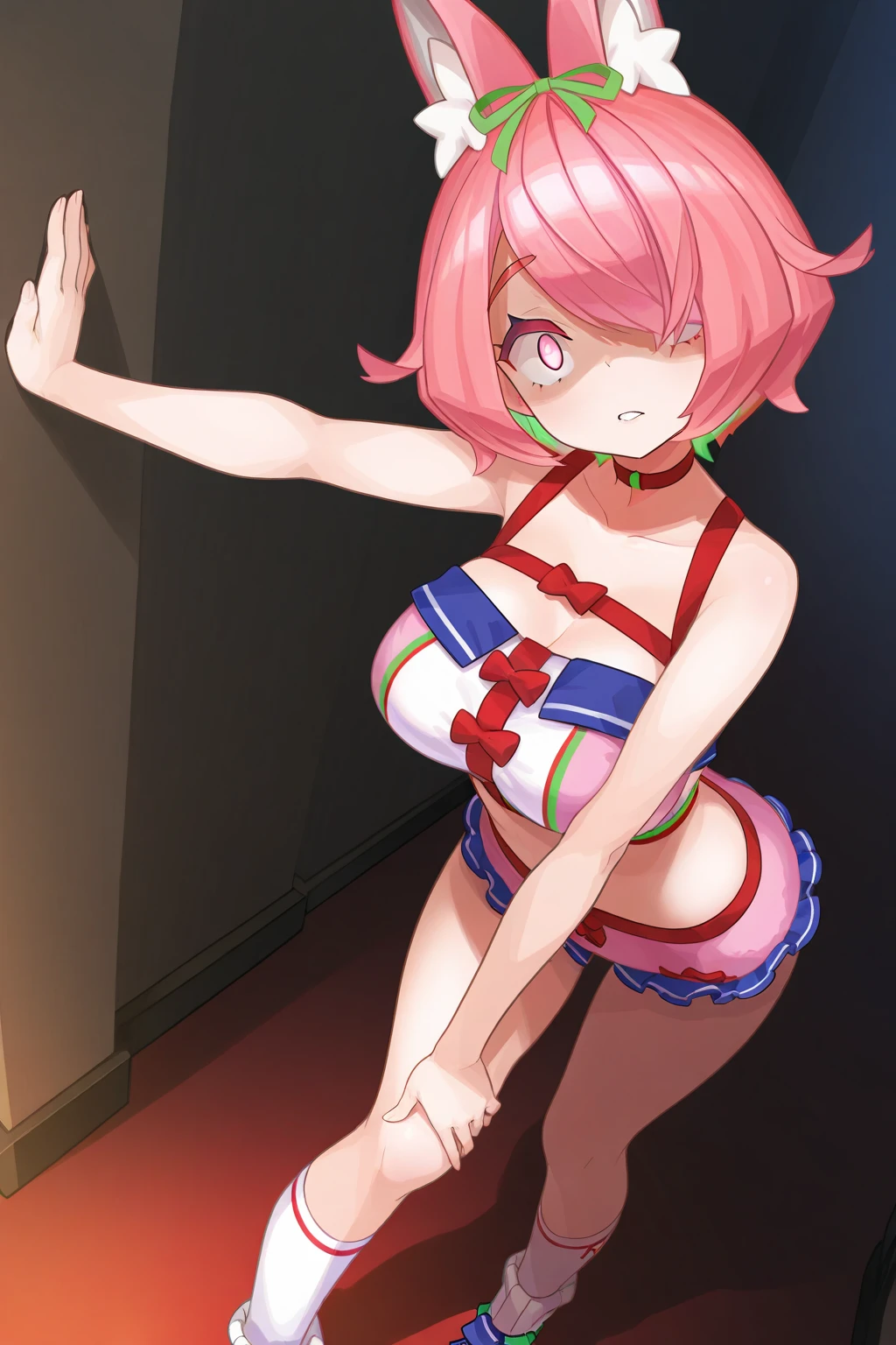 YumemiRiamu, 1girl, yumemi_riamu, bunny girl outfit, bunny suit, leaning_forward, hanging_breasts, looking at viewer, hands on hips