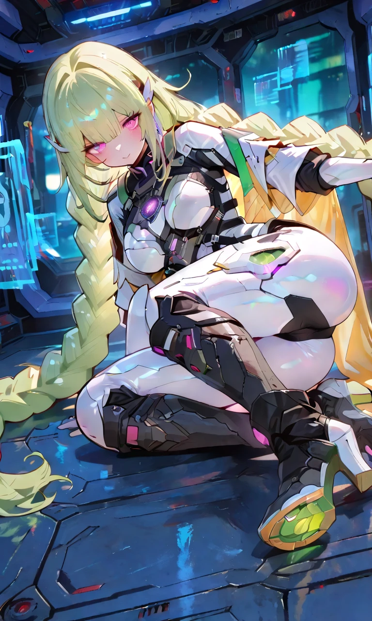 1girl, green eyes, blonde hair, long hair, large breasts, hourglass figure, bodysuit, white bodysuit, neon, neon trim, machinery, tech, science-fiction, futuristic, serious, standing, full body, ((full body)),, pantyhose, black pantyhose, wavy hair, fighting stance, drone, robot girl, gun