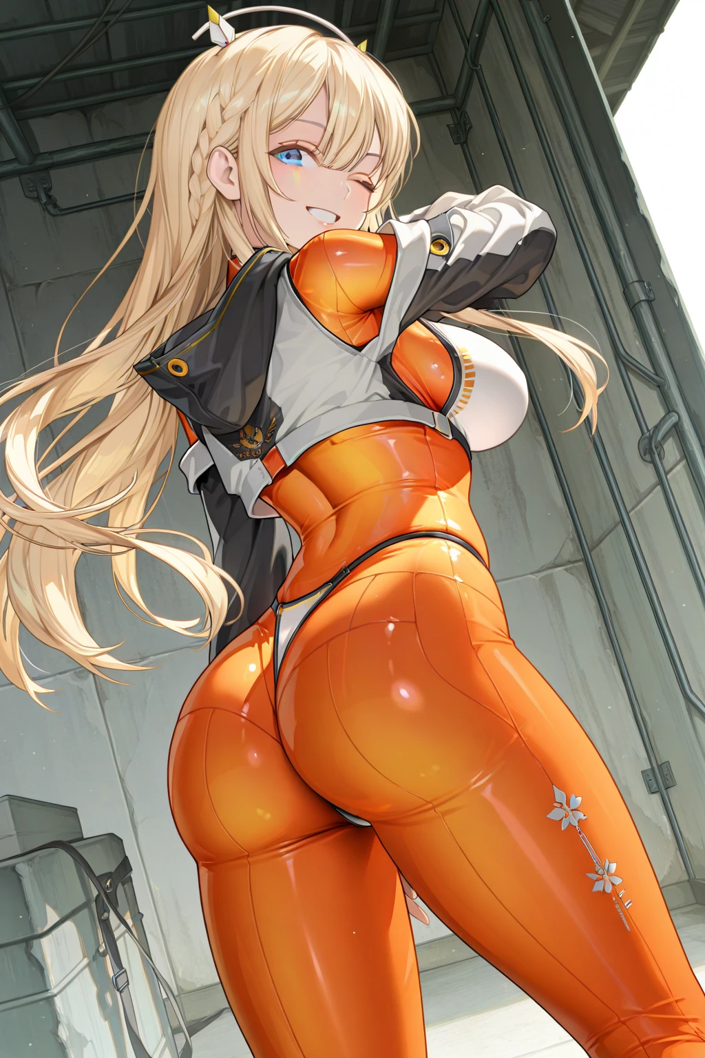 NSFW,masutepiece, Best Quality, 1girl in, Solo, Tove, braid, shiny orange bodysuit, Jacket, blush, Long sleeves, Full body, hoods, Spread legs,Leaning forward,(ass forcus),Lower body,(From below)