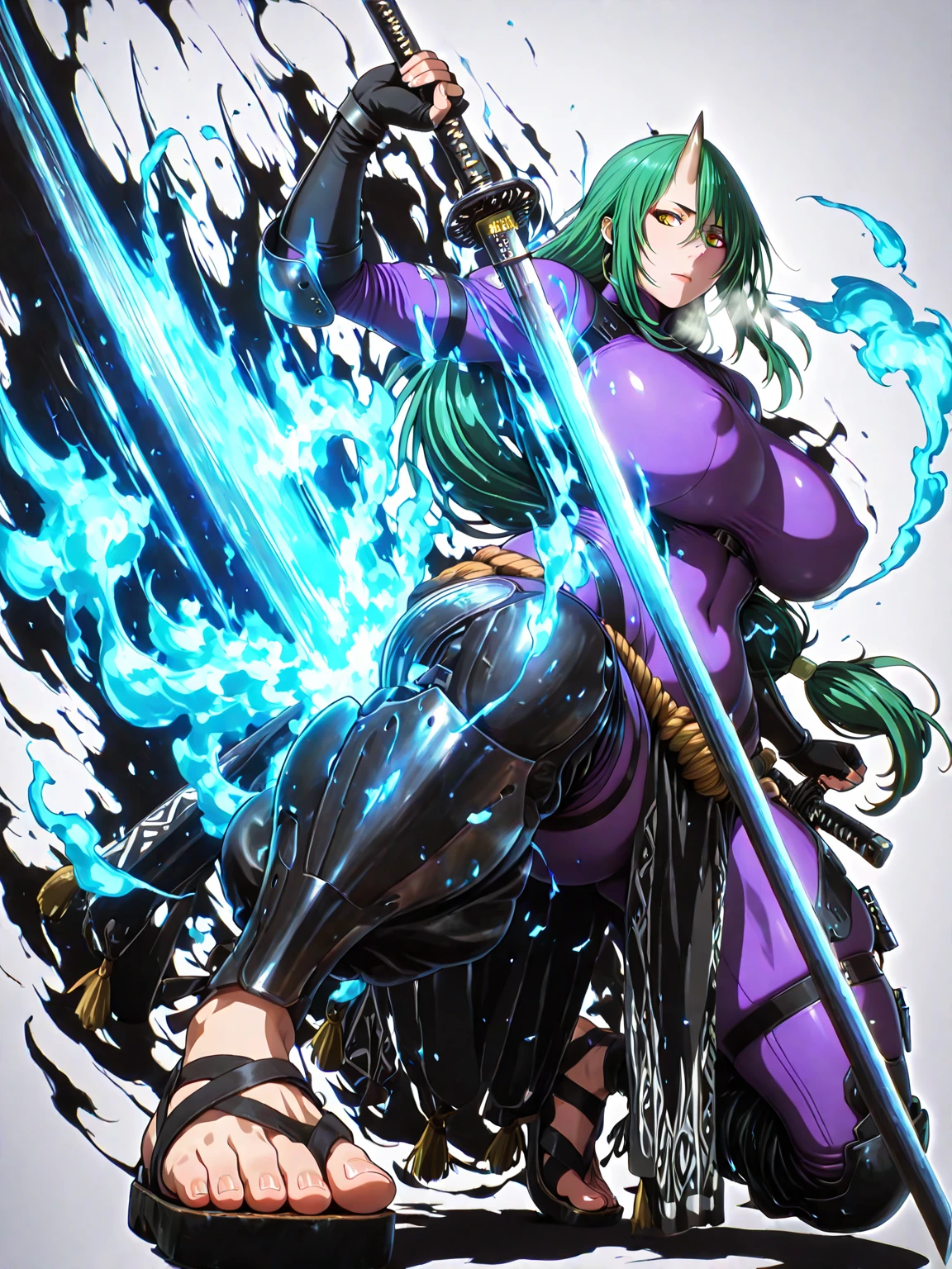 (jam-orbital-style:1.2), (zonda_(solid_air)-style:1.2), ((anatomical correct)), ((Cinematic, unreal engine, eye-catching, ambient occlusion, UHD, masterpiece)), ((perfect lighting, soft shadow)), perfect body, perfect eyes, perfect fingers, gasping, heavy breathing, gasping profusely, ((skindentation)), ((curvy)), tall,long hair, green hair, single horn, horns, yellow eyes, hair between eyes,high_ponytail, eyeshadow, slit pupils, (voluptuous:1.5), (mature female:1.5), ((white outline)), (aura), (black aura:1.2), 1girl, weapon, breasts, sword, solo, bodysuit, gloves, holding_weapon, purple_bodysuit, fingerless_gloves, simple_background, katana, holding, low-tied_long_hair, holding_sword, white_background, looking_at_viewer, sandals, arm_guards, full_body, armor, rope, loincloth, closed_mouth, black_gloves, covered_nipples, toes, covered_navel, seriously, 😒