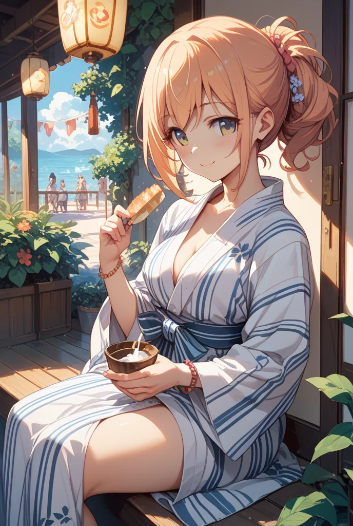 (8k, RAW photo, best quality, masterpiece, highres, absurdres, ultra detailed:1.3), (Photography, realistic, photo-realistic:1.4), (beautiful natural lighting, beautiful deatailed shadow, beautiful detailed glow :1.4), atmospheric,
BREAK, 1 beautiful girl, girl, (cute:1.5),(chibi:0.5),(cute:2.0),(Loli:2.0),(12 year old girl),(big breasts:1.65),(chin hair,blonde,blue bow,green eyes,Eyebrows visible through the hair,side lock,long hair with bangs parted, hair flower, hair ornaments, big ribbon in hair, curly hair, ponytail:1.6),:he, white feathers, one thin white wing, Ang he wings, spread,(blushed, Gentle smile:1.45) , BREAK
//Character
1girl,
BREAK
//Character
1-girl
Blake
//Fashion
Modern Kimono Inspired by Fireworks
This modern twist on the traditional kimono features a longer, above-the-knee length and a fitted waist. The light, flowing fabric of deep navy blue is decorated with an intricate multicolored fireworks pattern that sparkles with metallic threads,
BREAK
Strappy red sandals and delicate gold hairpins with small firework motifs, accessorized with simple gold earrings and matching bracelets,
BREAK
(A girl carries a large tray of shaved ice, a coffee shop at sea, beach background:1.2),(slender, long sleeves:1.2), (gorgeous table, huge shaved ice and huge sized iced coffee on the table:1.35), (left index finger in mouth,leaning forward:1.25),,
BREAK wakame,wakame,wakame,(cowboy shot,from front:1.4) BREAK manga illustration.media,manga style,(ultra rich intricately proper sketch+pastel+airbrush+colored pencil:1.1),(ultra highres composition details:1.2), (delicate illustration), (pastelcolor style illustration:0.9), (watercolor style illustration:0.4),