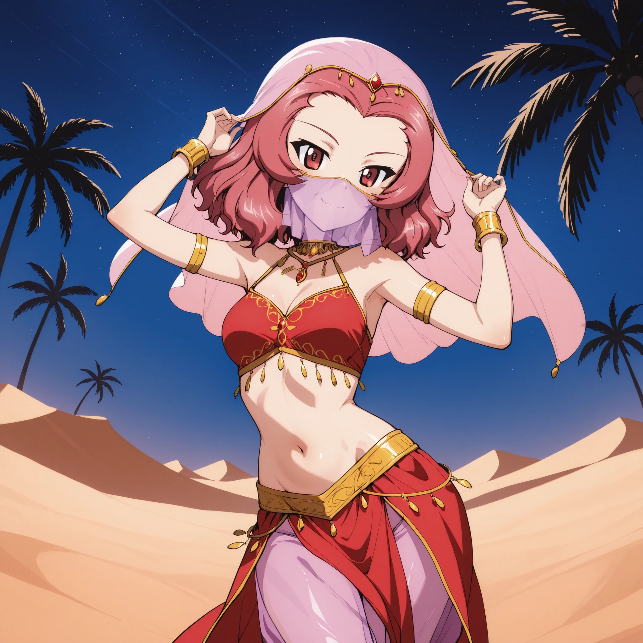 1girl:1 . 5) , (Seul:1 . 5) , score_9 , score_8_haut , score_7_haut , source_anime , Official work  , ultra-detailed , masterpiece , best quality plaid shorts , high res , beaux yeux , detailed eyes , Detailed Face , beautiful detailed eyes ,Girls Und Panzer, Rosehip, Arabian Clothes , Arabian Dancer ,belly dancer costume , face veil, veil , golden jewelery,harem outfit, harem skirt, transparent pants, belly dancing, harem veil , night , desert landscapse, palm tree , seductive smile, dancing with veil, dynamic movement, seductive pose