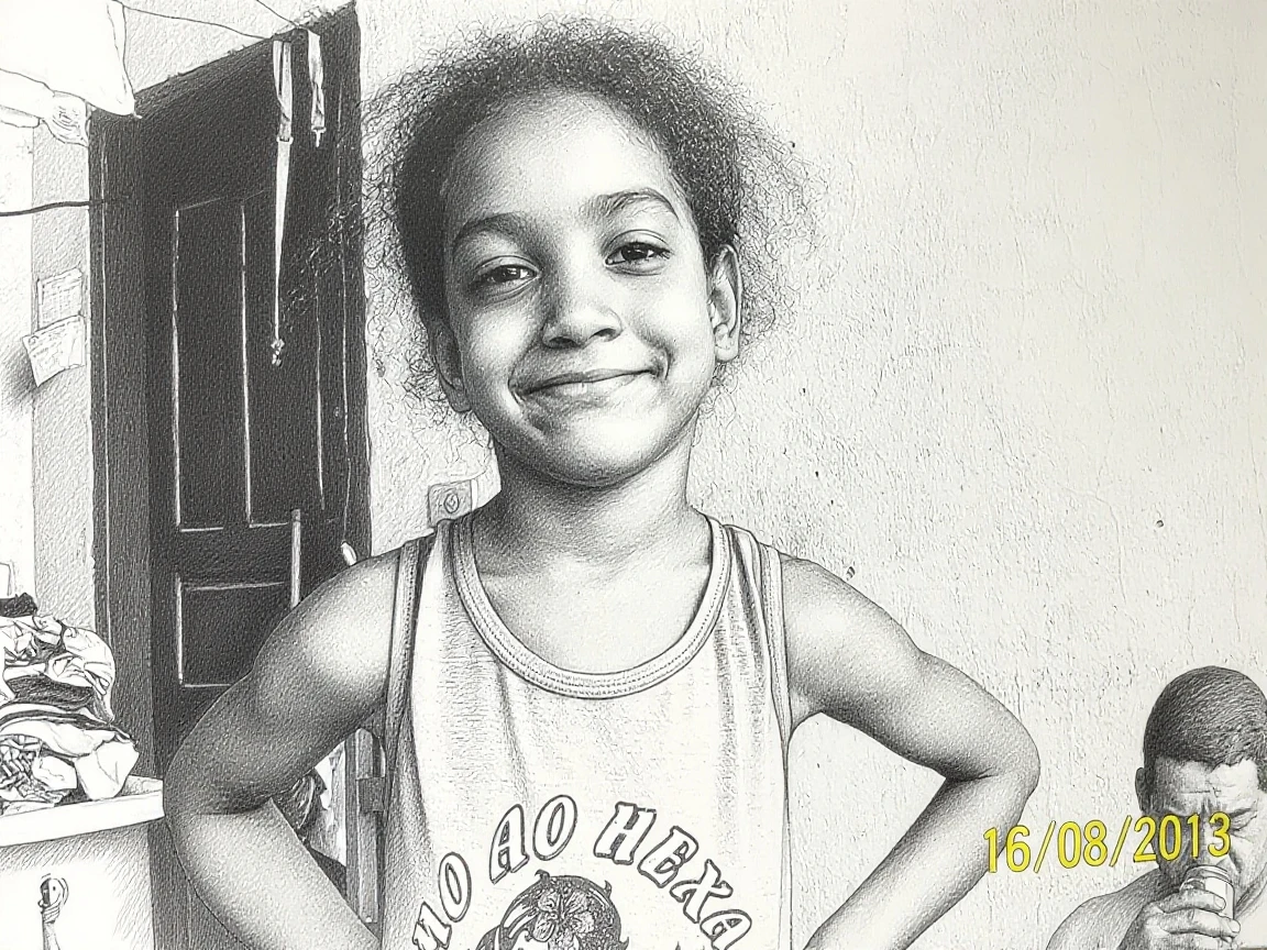 Create a little girl in the favela of Rio de Janeiro,perfect body, perfect face, wearing low-cut clothes, big tits,big ass, lace panties,