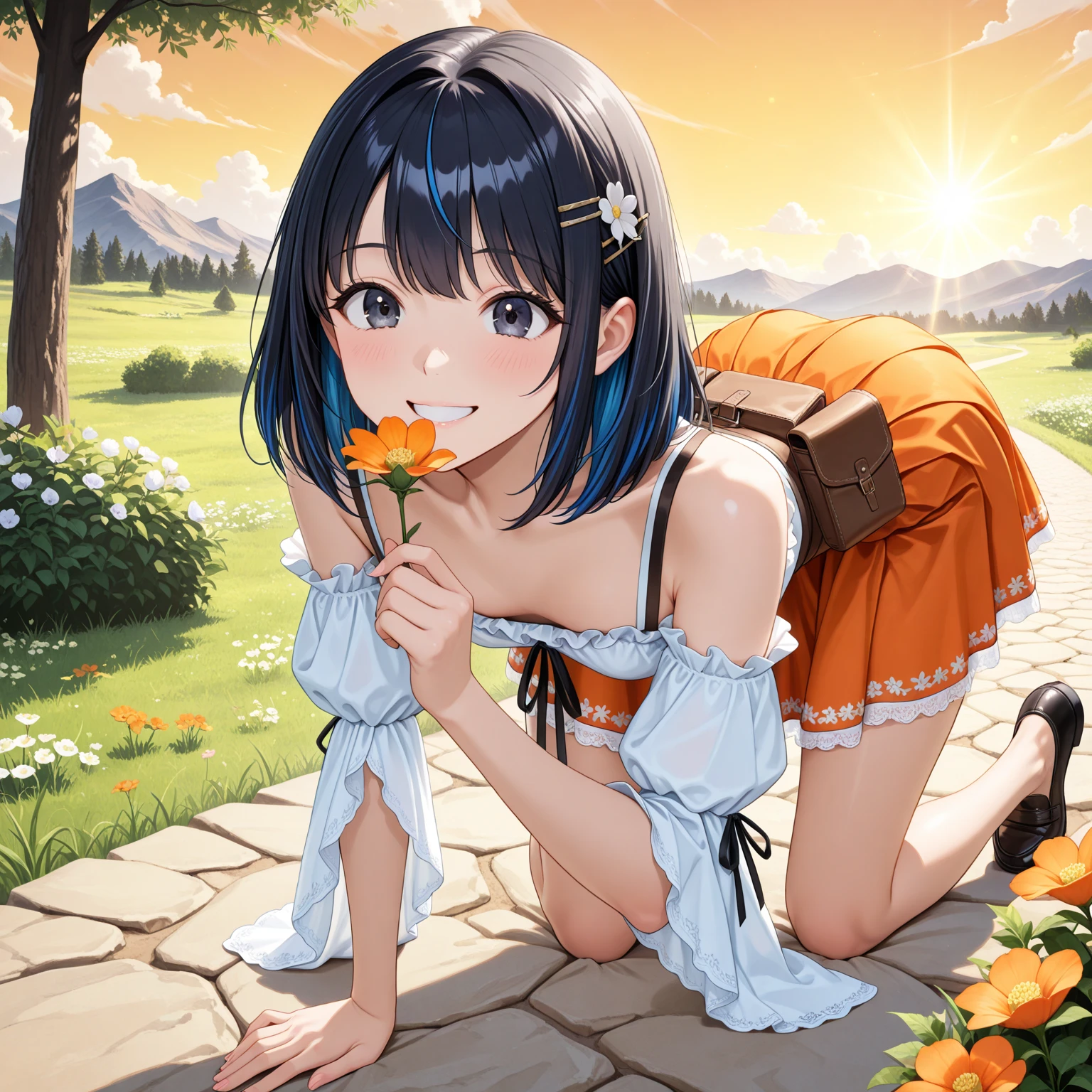 ((Top Quality,8k, 32k,Masterpiece:1.2)), loli without clothes in the prairie, grin