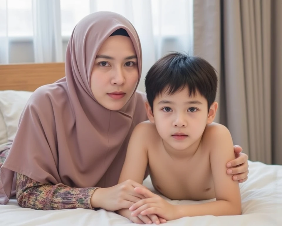 a beautiful Indonesian woman wearing a hijab, slim, 32 years old wearing a robe with buttons open, bra visible, is having women on top style sex with a 14 year old teenage boy on a bed, in a room with wooden plank walls, at night