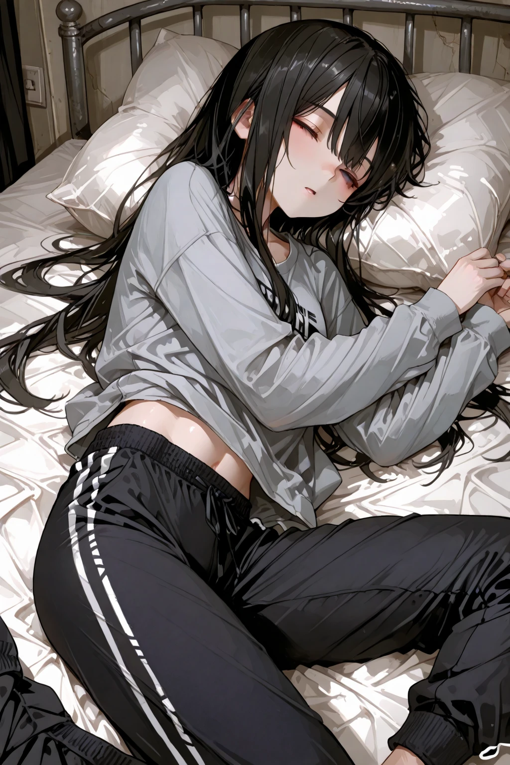 One Woman, alone, alone Focus, Cowboy Shot, Portraiture,, Beaver,((Black Hair)), Braiding, Very fine eye, work, Gym suit、((Bloomers))、 (Small TI quality, Very detailed,Bedroom、Lying in bed