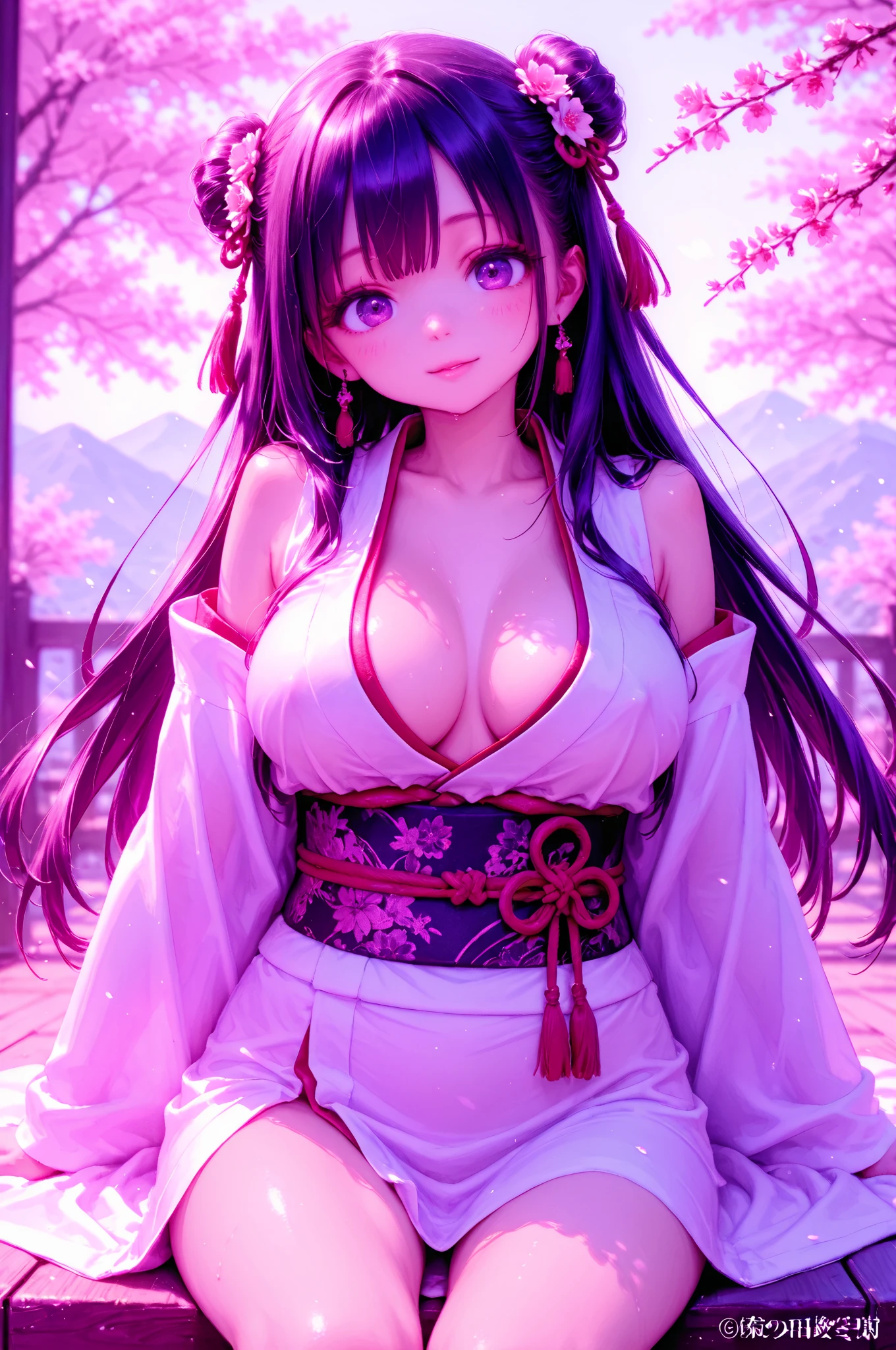 masterpiece, (pink kimono), seductive face, good lighting, Low-cut, fine details, masterpiece, glowing eyes, 1girl, black hair, gag, bamboo, nezuko kamado, wisteria background, masterpiece, best quality, ass pov, whole body, wide hips,Leg spread、???、