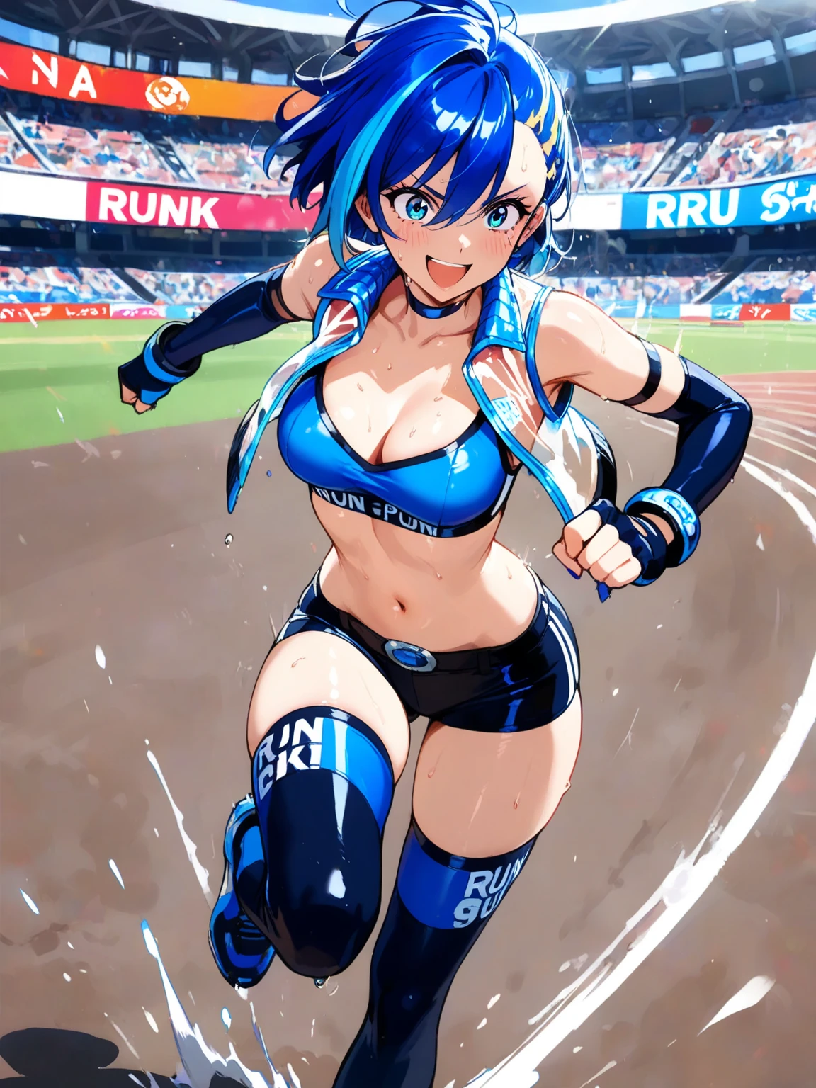 NSFW,masterpiece,Highest quality,High resolution,Super detailed,Star Town Suisei\(Hololive\),Blue Hair,One Side Ponytail,Blue Eyes,Small breasts,Track and field club,satin bra top,Satin one point shorts,Streaks,Athletics Stadium,truck,Bewitching Smile,Mischievous smile,blush,(Sweat),Sports Drink,During a break,From the back,On all fours
