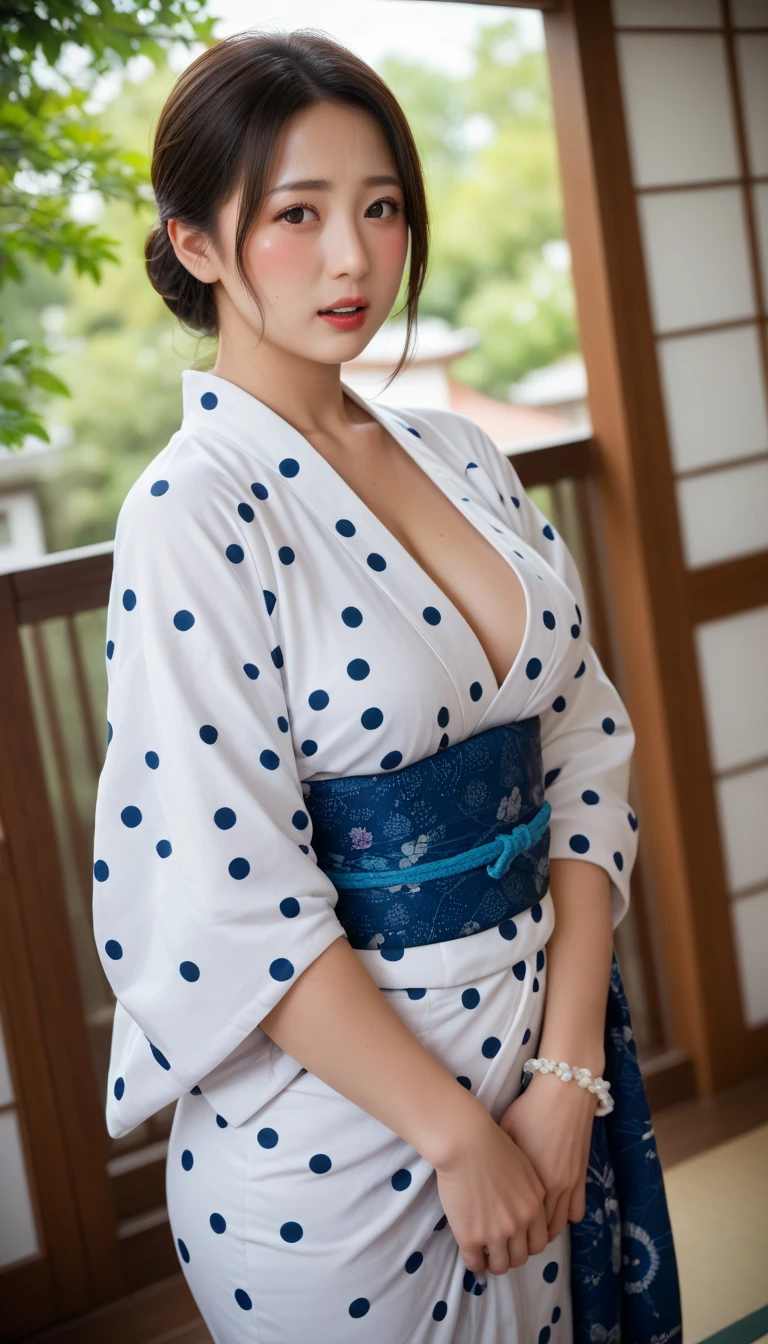 ((Highest quality)), ((masterpiece)), (detailed), Perfect face masutepiece, Best Quality, Illustration, Ultra-detailed, finely detail, hight resolution, 8K Wallpaper, Perfect dynamic composition, Beautiful detailed eyes, Natural color lip, Bold sexy poses, 20 years girl, Cute, Sexy shot looking at camera、wide angle, Japanese yukata,hair bun,full BODY, summer festival