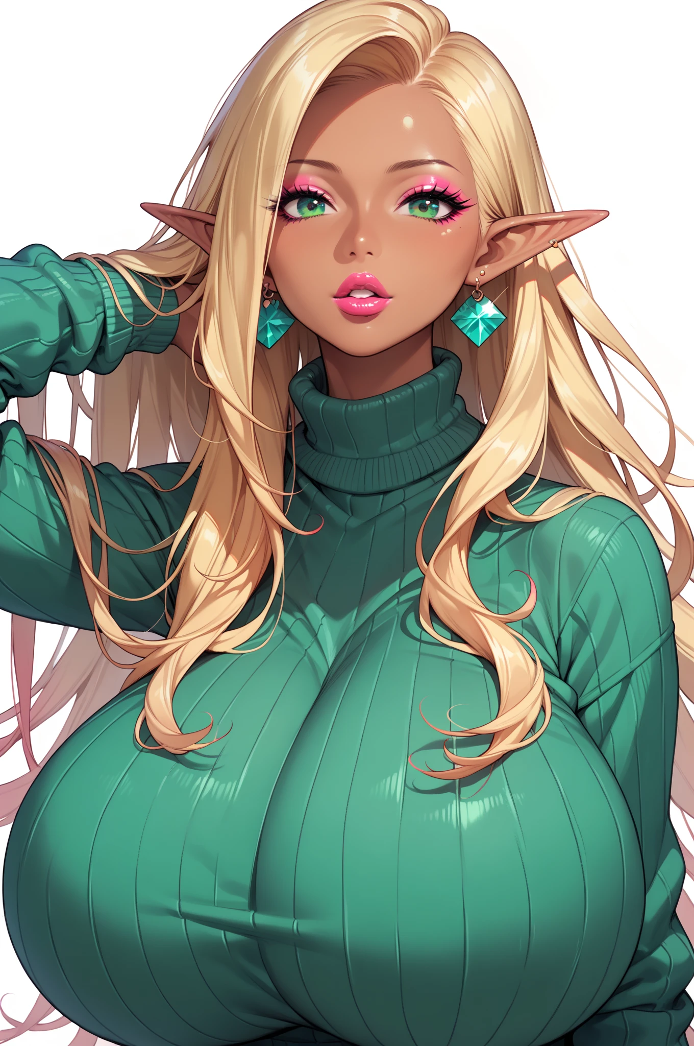 women, silver long hair, blue eyes, green Shirt, CleAVAGE; Big breast, standing