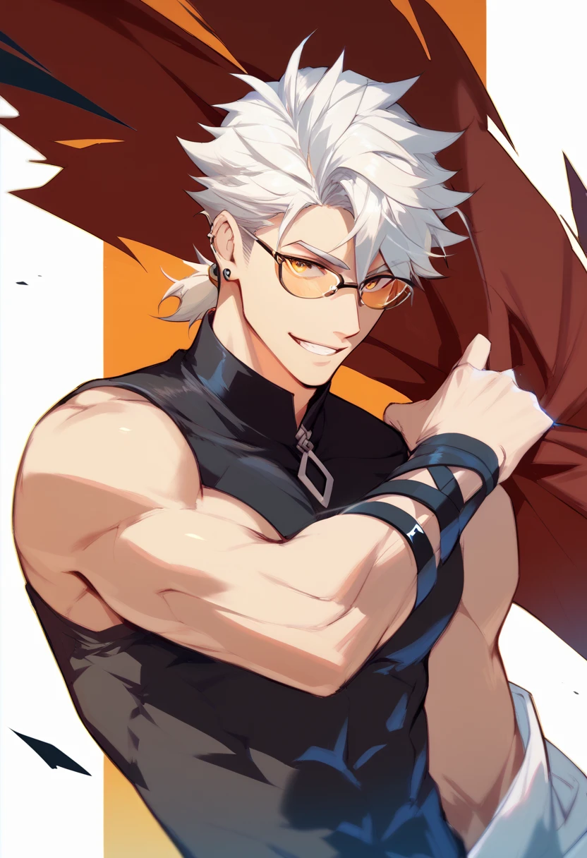 close up, face, smiling, highest  quality, 8K, high resolution image, Jujutsu Kaisen estilo anime , Arataki Itto, Detailed strokes, nblurry background,  purple light reflecting on it , (close up angle), 1 men, Youngh, mascle, role model, front with hand in pants pocket , multicolored background with various geometric shapes , round stickers, brawny, red and white hair, swollen chest, wearing a tight shirt  , striking eyes , with the shirt, swollen chest