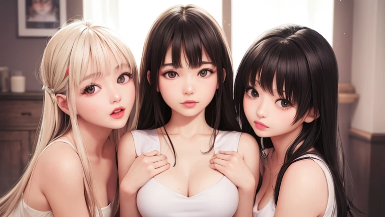 Multiple beauties touching each other, (transparent shirt: 1.2), (open shirt), sleeveless, light clothes, sleeveless, huge breasts, upright breasts Close-up of four women lying on bed posing for photos, surreal full-body figure, beautiful and detailed body and face, gorgeous figure, high ponytail, clear, smiling, moaning, provocative, surreal full-body figure, beautiful and detailed body and face, super vista, looking up, white skin, bright colors, Asian, clothes almost nothing, Blurred areola, buttocks, kissing chest on bed