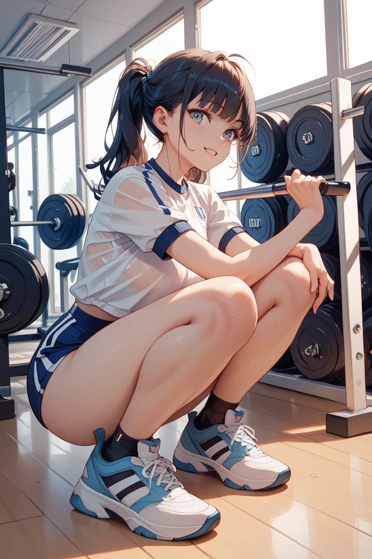 (Realistic, photo Realistic:1.2), ((highest quality)), Shift the center of gravity backwards, 1girl, hair clip, Thighs, View your viewers, Gym suit, , Bloomers, Adjust your shirt, (squat:1.2)
