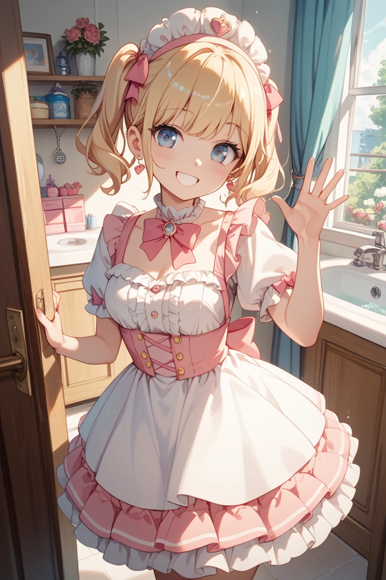 masterpiece,best quality, ultra-detailed,1girl(sakurai momoka, lovely small breasts, wavy hair,blonde hair, headband, pink flower in hair,green eyes, half-closed eyes), evil face, smirk, parted lips, facing viewer , looking at viewer, solo, gold dress(ornate dress), bare shoulders, frill, bows, skirt lift, white panties, white lace thighhighs, in the locker room, standing, Sexy waist teasing, skirt lift, love juice flows out of her pussy, from_below 