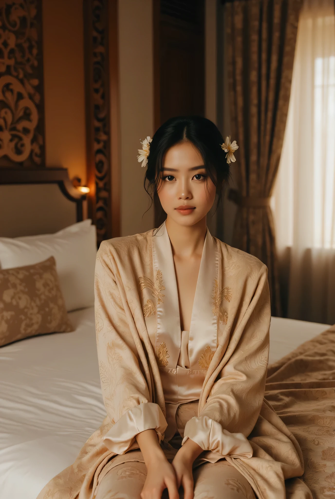 A beautiful 25-year-old woman of mixed Arab and Sundanese descent, with radiant fair golden-toned skin and a graceful slim figure. She is sitting calmly on a neatly made bed in an elegant traditional-modern bedroom. Her face is enchantingly exotic — large expressive eyes, long curled lashes, thick well-shaped eyebrows, a sharp nose, and a soft captivating smile. Her black hair is tied neatly in a bun, adorned with jasmine flowers. She wears a formal ivory kebaya with gold embroidery and a batik shawl draped gracefully. The room is warm-toned, with soft lighting, carved wooden decor, batik curtains, and a cozy ambiance. High realism style, focus on facial expression, clothing textures, and interior details.