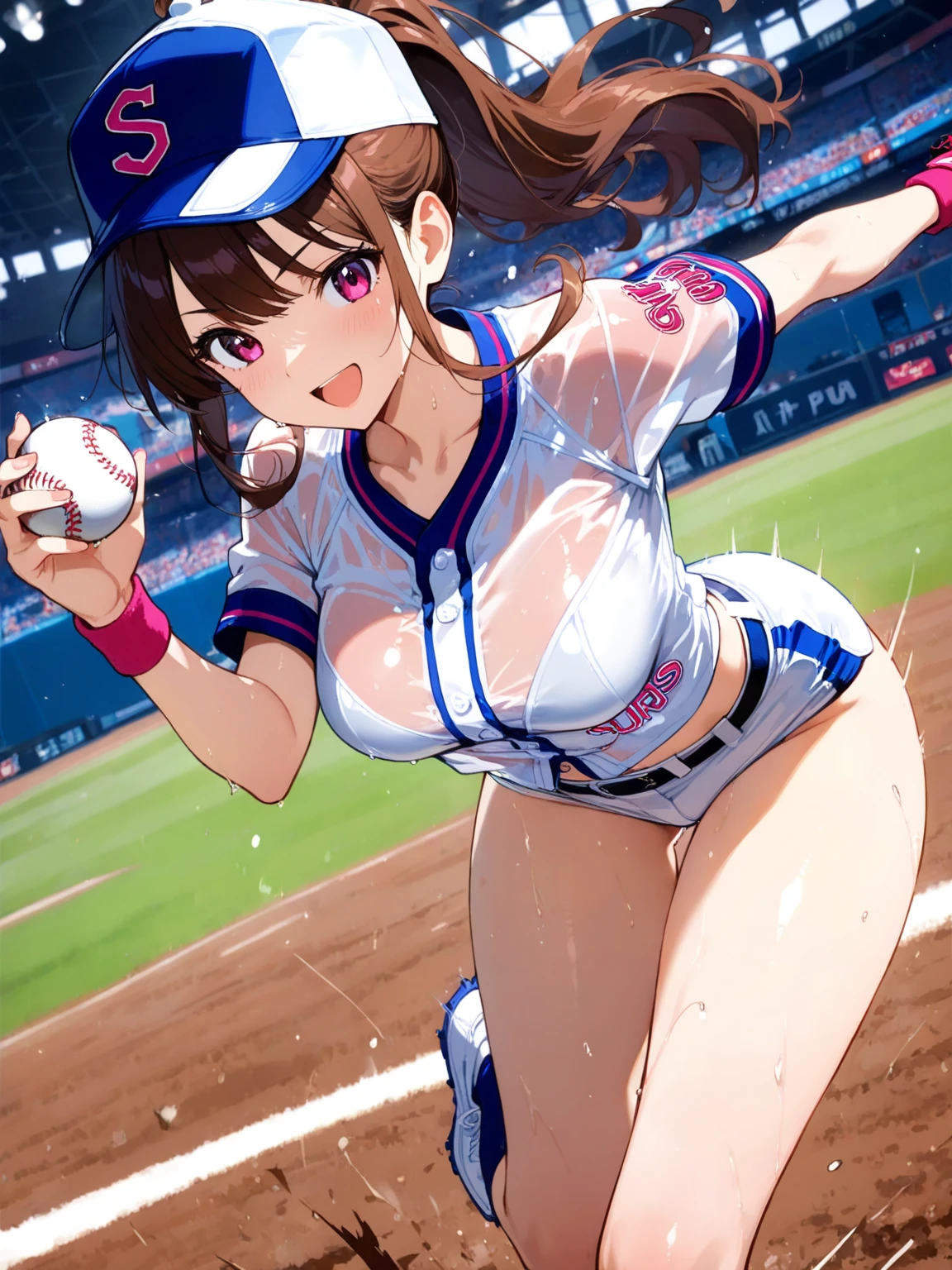 nsfw, 1girl, boys, UHD, retina, ccurate, anatomically correct, super detail, high details, high quality, best quality, HD, 4K, smile, (aamegumi, short hair , slender, brown eyes, collarbone, medium breasts), puffy nipples, (underboob, navel), snug baseball uniform, short baseball uniform, baseball bat, indoor, locker room, BREAK,
boy, (baseball players, Baseball team members behind Megumi Kato)