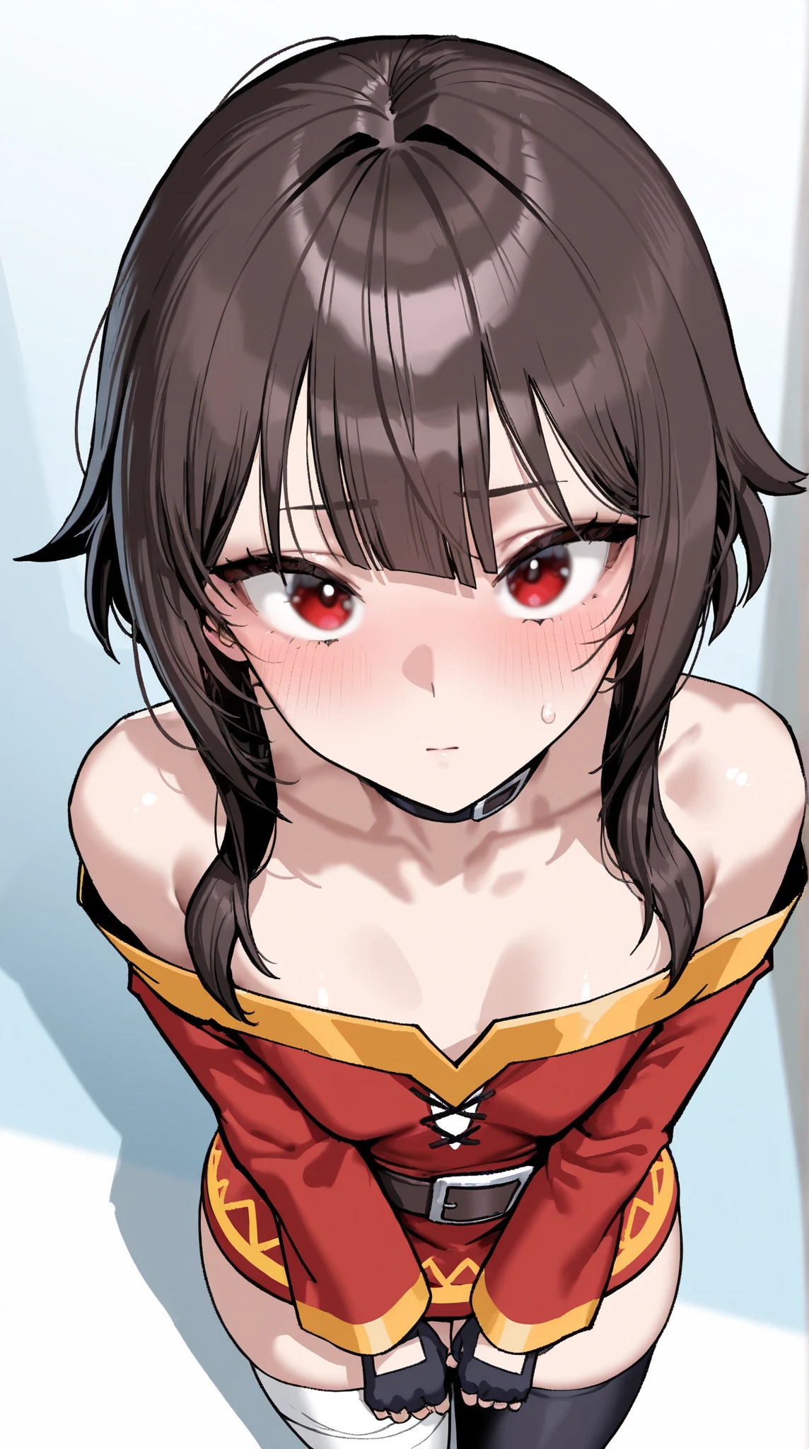 ((Best quality)), ((masterpiece)), (detailed), ((masterpiece)), ((high quality)), solo, megumin, adult, (((seductive look))), open mouth, ((flat breasts)), (((flashing breasts))), nipples, half body, look at viewer, sexy, erotic