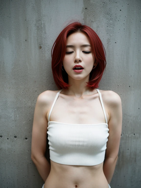(Highest quality, 8K, 32k, masterpiece, Ultra-high resolution:1.2),Beautiful Japanese Women Photos, Rainbow clothes、Rainbow hoodie、Large Breasts, Very short bob hair,Red hair, necklace, Simple Background, From above, View your viewers,Red Hair、White background、peace sign、Pause