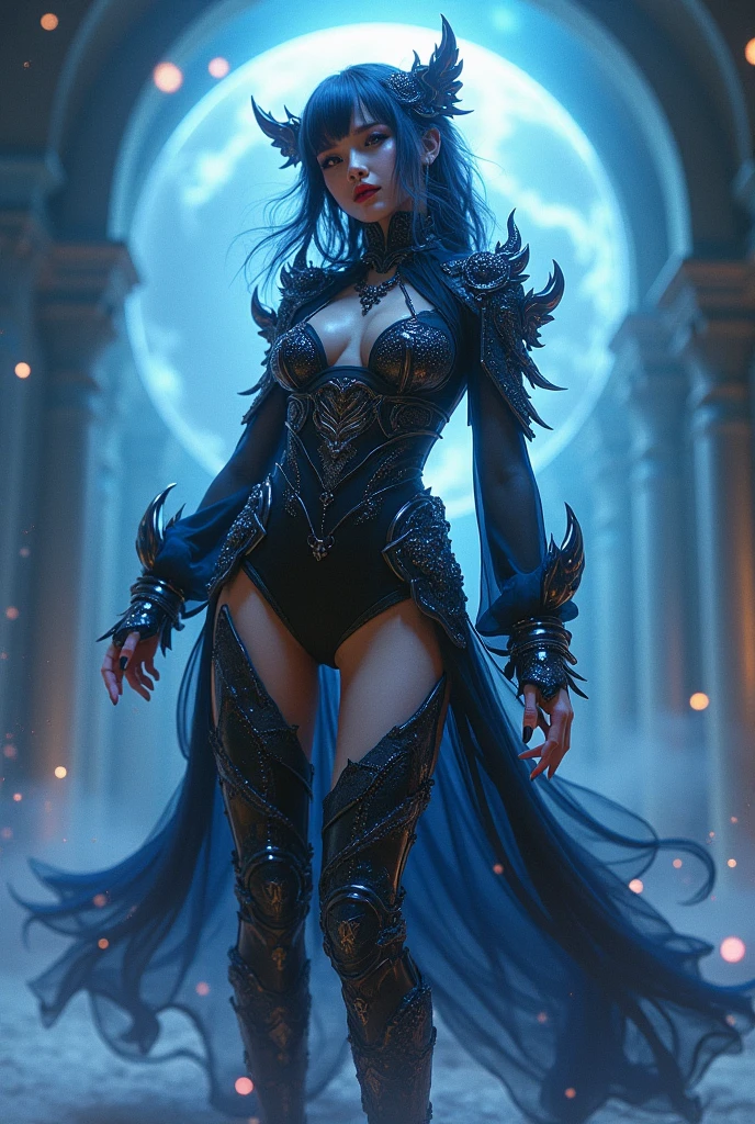 In a seamless blend of features, she possesses blue-azure skin, sharp elf-like ears, and a toned, athletic build. Her prominent fangs and piercing, icy-blue eyes add to her striking appearance. Dark blue hair cascades gracefully to her shoulders. Clad in fully enclosed attire, her outfit is predominantly azure with intricate brown accents and mystical engravings, evoking a medieval fantasy style. Broad, spiked pauldrons, reinforced gauntlets, and sturdy greaves complete her ensemble, highlighting a balance of elegance and otherworldly grac