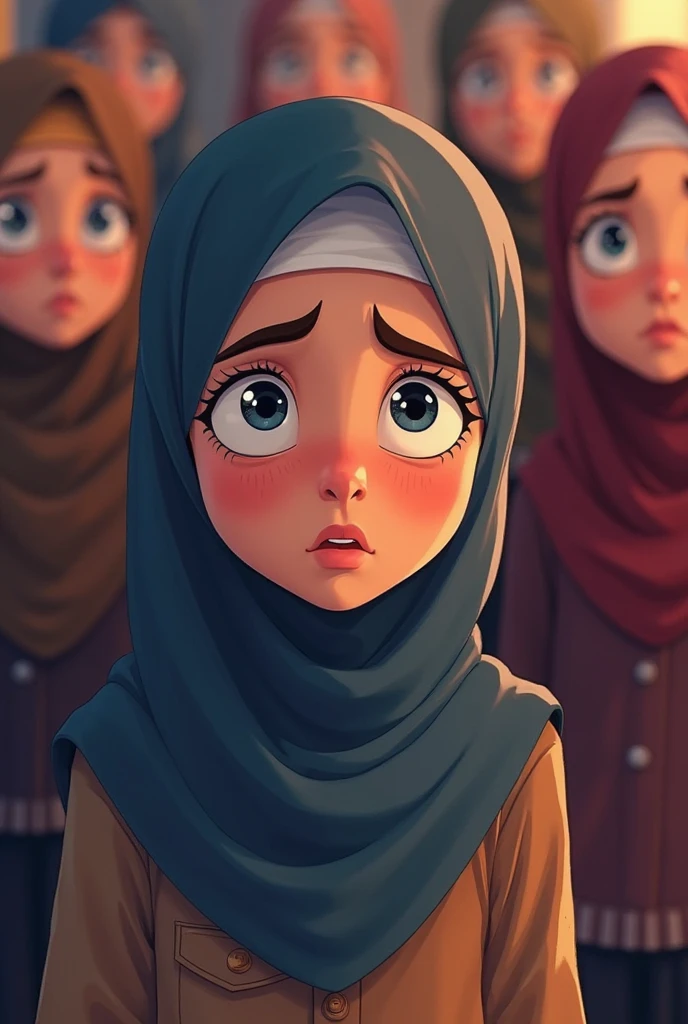 Cartoon with text:
(Masterpiece, best quality, 4k, expressive eyes, perfect face), beautiful women, gorgeous cartoon women, (beautiful face, detailed eyes), wearing black hijab, (flat style,, hand drawn style, 2d style, Cartoon artstyle, toon style), (teaching elementary students, surrounded by children), confused, (funny pose)