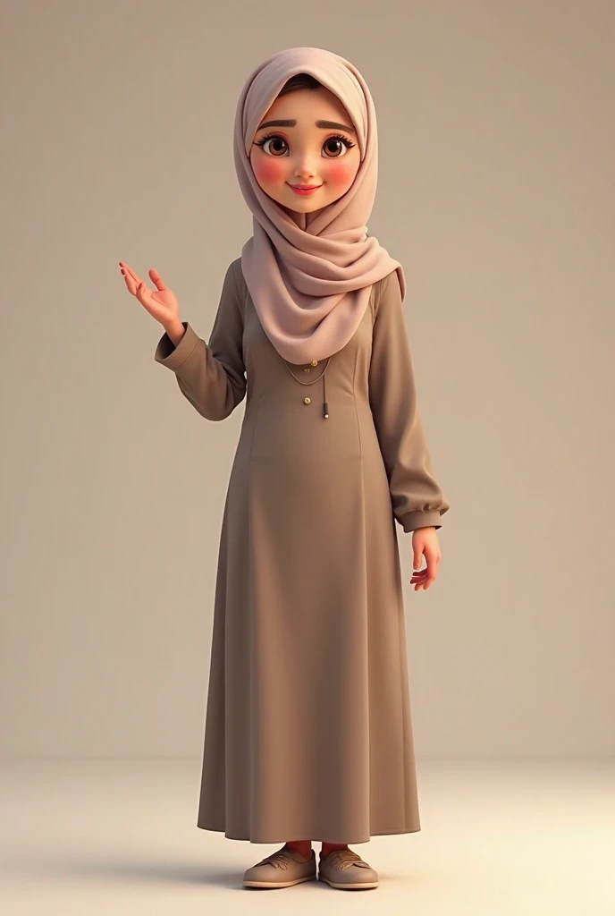 (photorealism:1.2), Create a 3D realistic animation of a young woman wearing a hijab. She should have a youthful appearance, dressed in a modest yet modern outfit. She is standing, wearing white shoes. Her facial expression should convey confusion, with subtle details in her eyes, eyebrows, and mouth showing a stressed state. The animation should capture her full body, focusing on her posture and expression to reflect her emotional turmoil. The background should be simple, ensuring that her emotions are the central focus