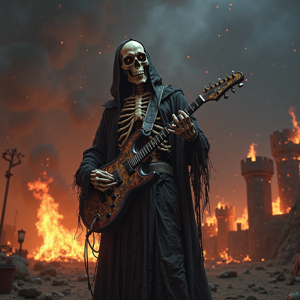 Skeleton bard playing a black balalaika, gray skeleton, green hunting clothes, red light in the eyes, is in the Gothic hall --auto