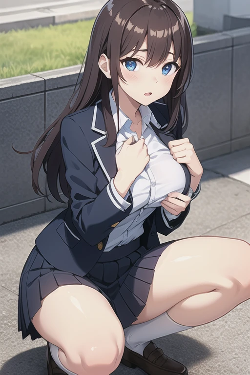 photo of sexy 1girl, tall,leggy,smile,standing in neat rows, in the school gymnasium, wearing NAVY Blazer , long sleeve, WHITE shirt, shiny blue ribbon,pleated tartan_check_mini_skirt, beautiful eyes, shiny black hair,BLACK short socks, full body shot, closeup shot, from front, from below, dutch angle shot, wide view,If the completion score for this project is 60 points, please give us a 100 point completion score work.
