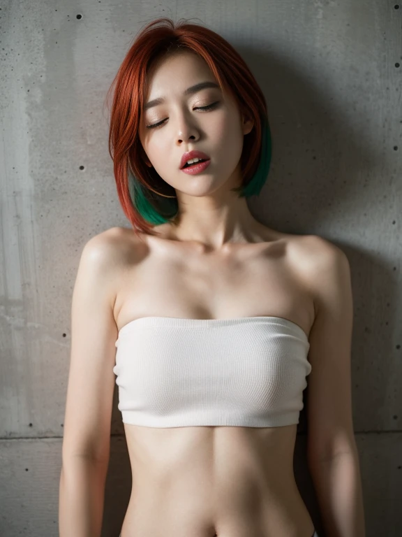 (Highest quality, 8K, 32k, masterpiece, Ultra-high resolution:1.2),Beautiful Japanese Women Photos, Rainbow clothes、Rainbow hoodie、Large Breasts, Very short bob hair,Red hair, necklace, Simple Background, From above, View your viewers,Red Hair、White background、Colorful clothing