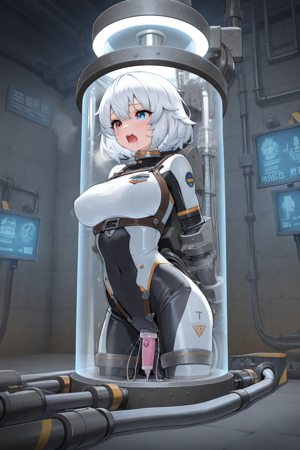 ((masterpiece)), ((best quality)), (ultra-detailed), ((kawaii)), cute, (lovely), ((sexy)), (ero), ((extremely detailed)), 4K, (8K), best quality, (beautiful), in the middle, bedroom, a pretty woman, robot suit, robot, beautiful silver hair, beautiful green eyes, ((beautiful eyes)), white-skinned, short hair, blunt bangs,gigantic breast, orgasm,smile,open mouth,saliva,sweat,topless,show off nipple,breast milk,bottomless,touch pussy,pussy juice,masturbation,standing,open legs,nsfw