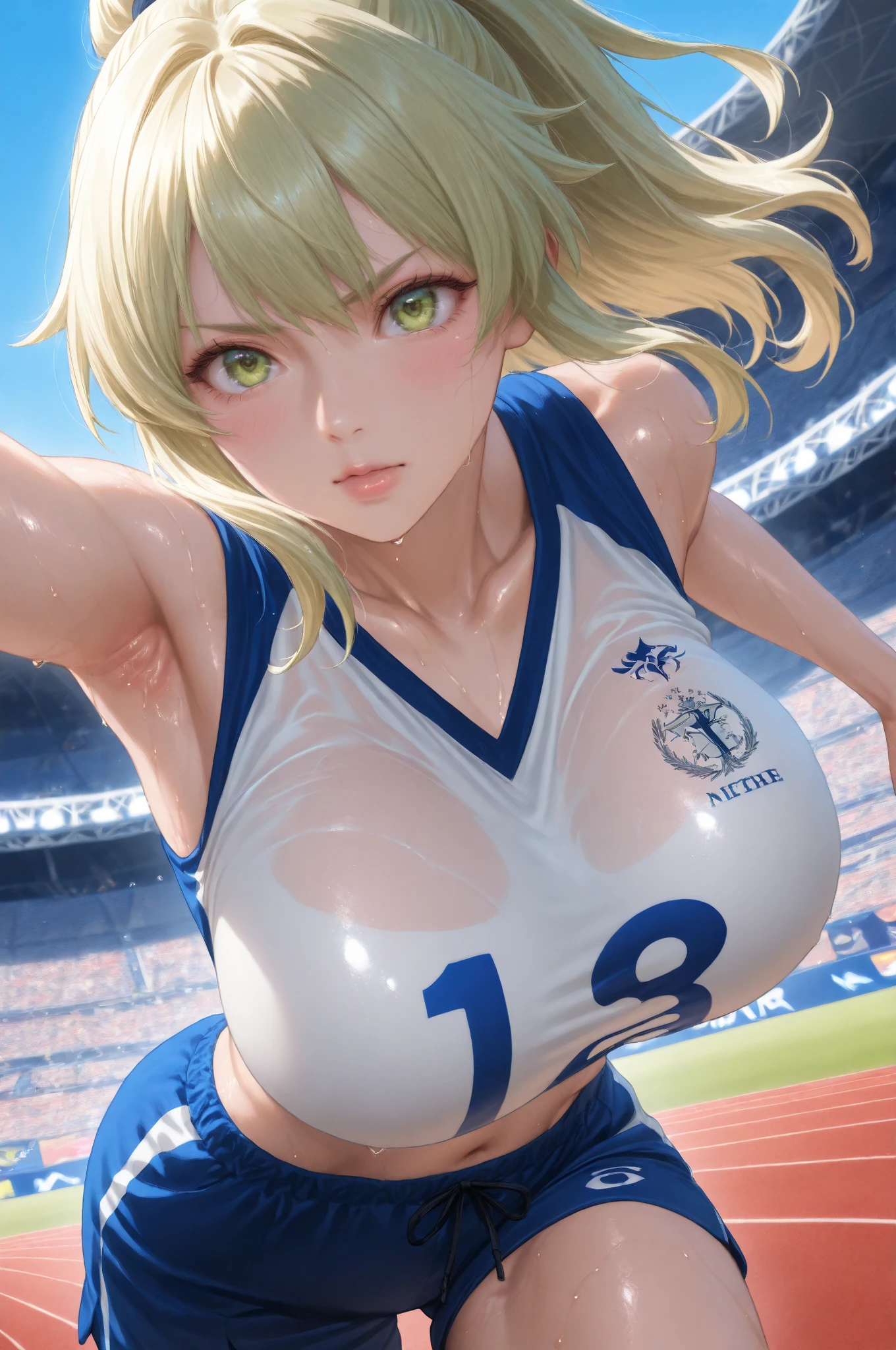 1 Lady Solo, /(Volleyball Uniforms/), /(Golden hair/)、Twin tails and bangs, Blushing, I laughed lightly., (Masterpiece of the highest quality:1.2) Extremely detailed and intricate illustrations, Big break /(Indoor volleyball court/)、Camel Toe、Giant tit、Nipple Puffs、Cleavage、Plump、Super big breasts、Super big butt、Earrings、Earrings、necklace、Thick lips、Heterochromia、Bracelet、Caster wheel、first round、Hair Charm、Lip gloss、Sweat、Jump、See-through、Dynamic、Cowboy Shot、attack